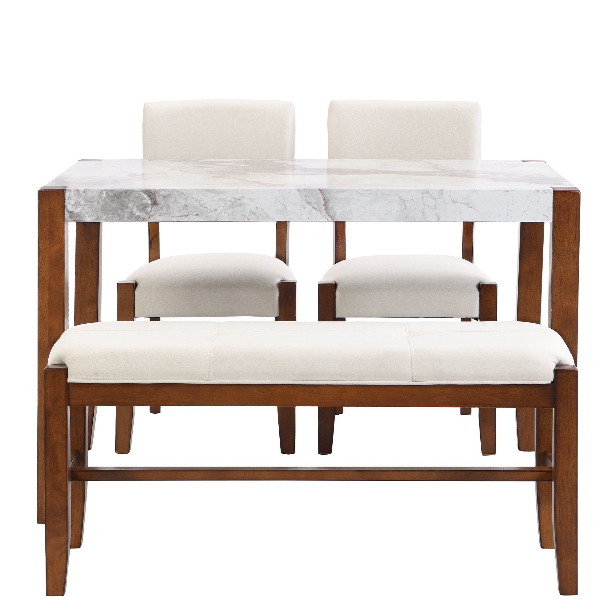 4-Piece Modern Dining Furniture Set, Space-Saving 4-Person Dinette for Kitchen, 46" Faux Marble Style Table with 2 Upholstered Chairs and Bench with Wood Legs
