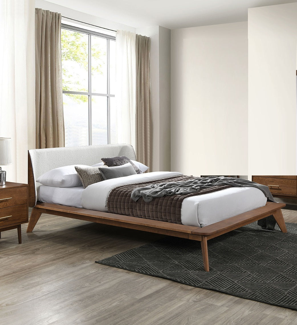 Walnut / Beige Color Full Size Bed 1pc Fabric Winged Edge Headboard Platform Bedframe Mattress Ready Mid-Century Modern Style