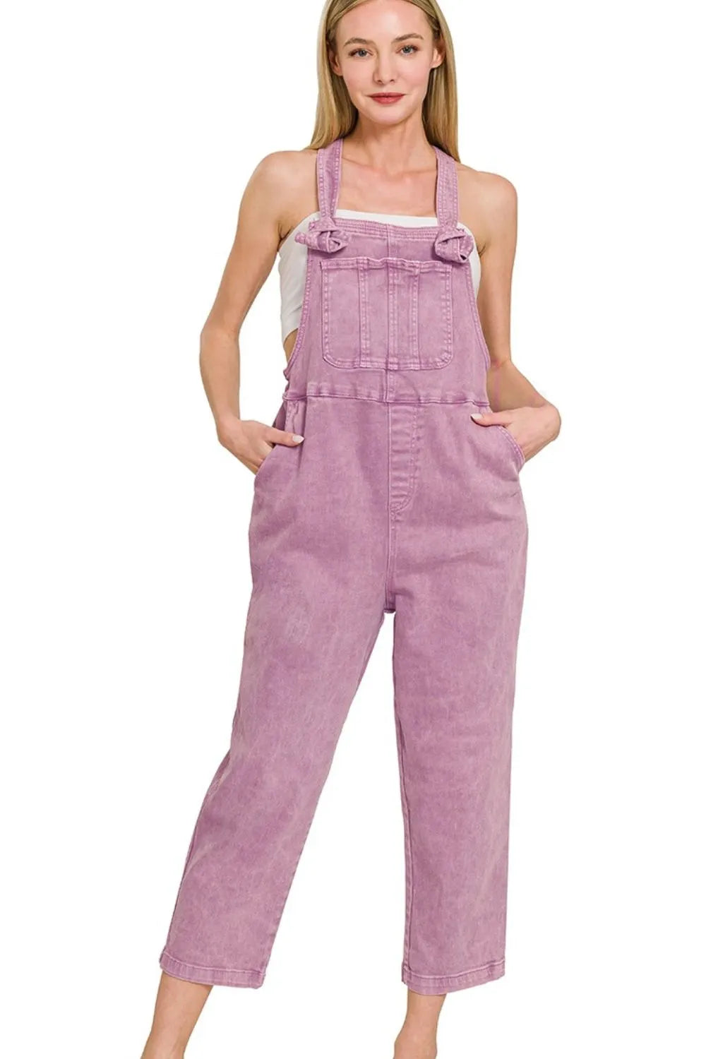 Zenana Washed Knot Strap Relaxed Fit Overalls 97% cotton
