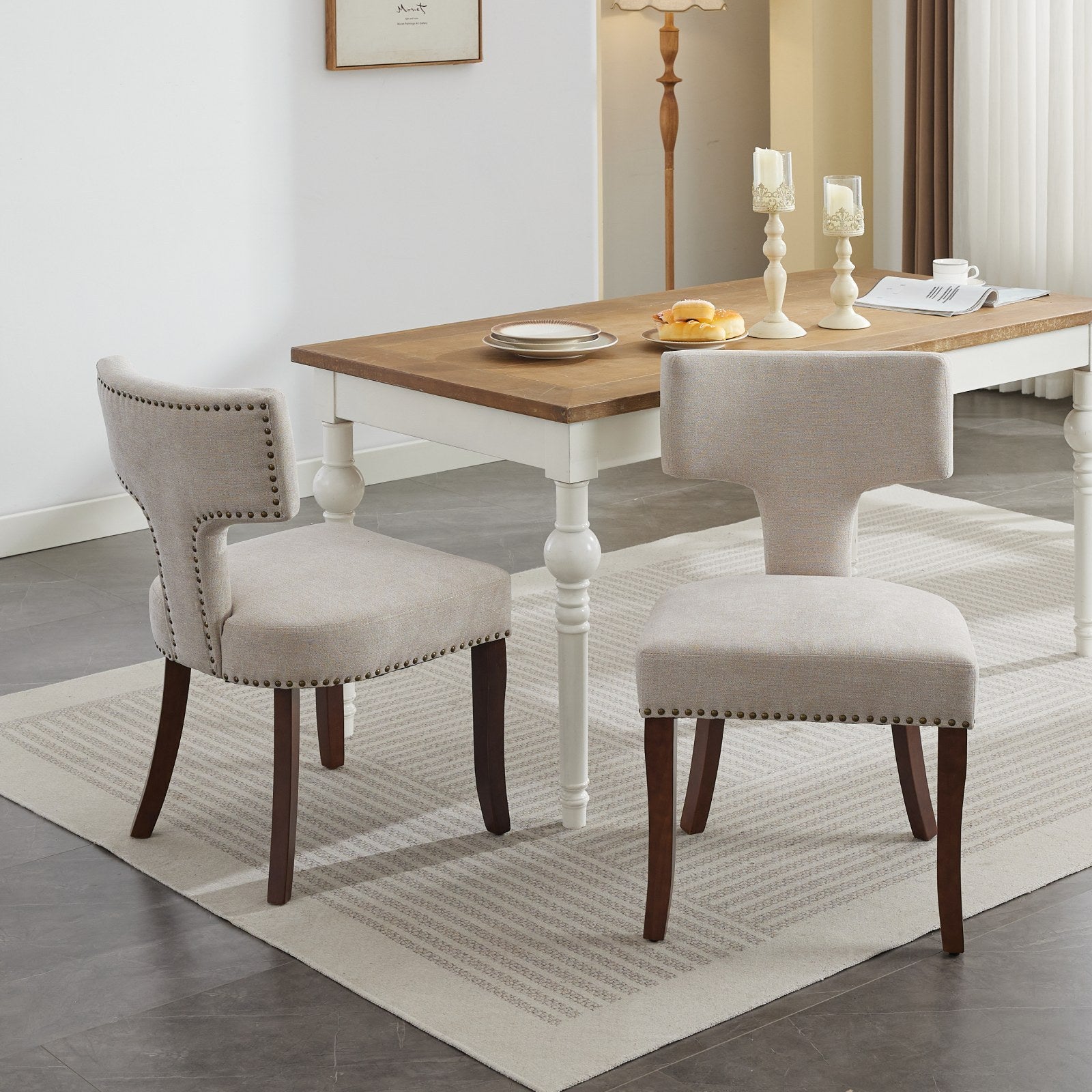 Mid Century Modern Dining Chairs Set of 2, Farmhouse Linen Fabric Upholstered Accent Chair Curved Backrest with Copper Nails around,Kitchen Chairs with Hardwood Frame, Beige