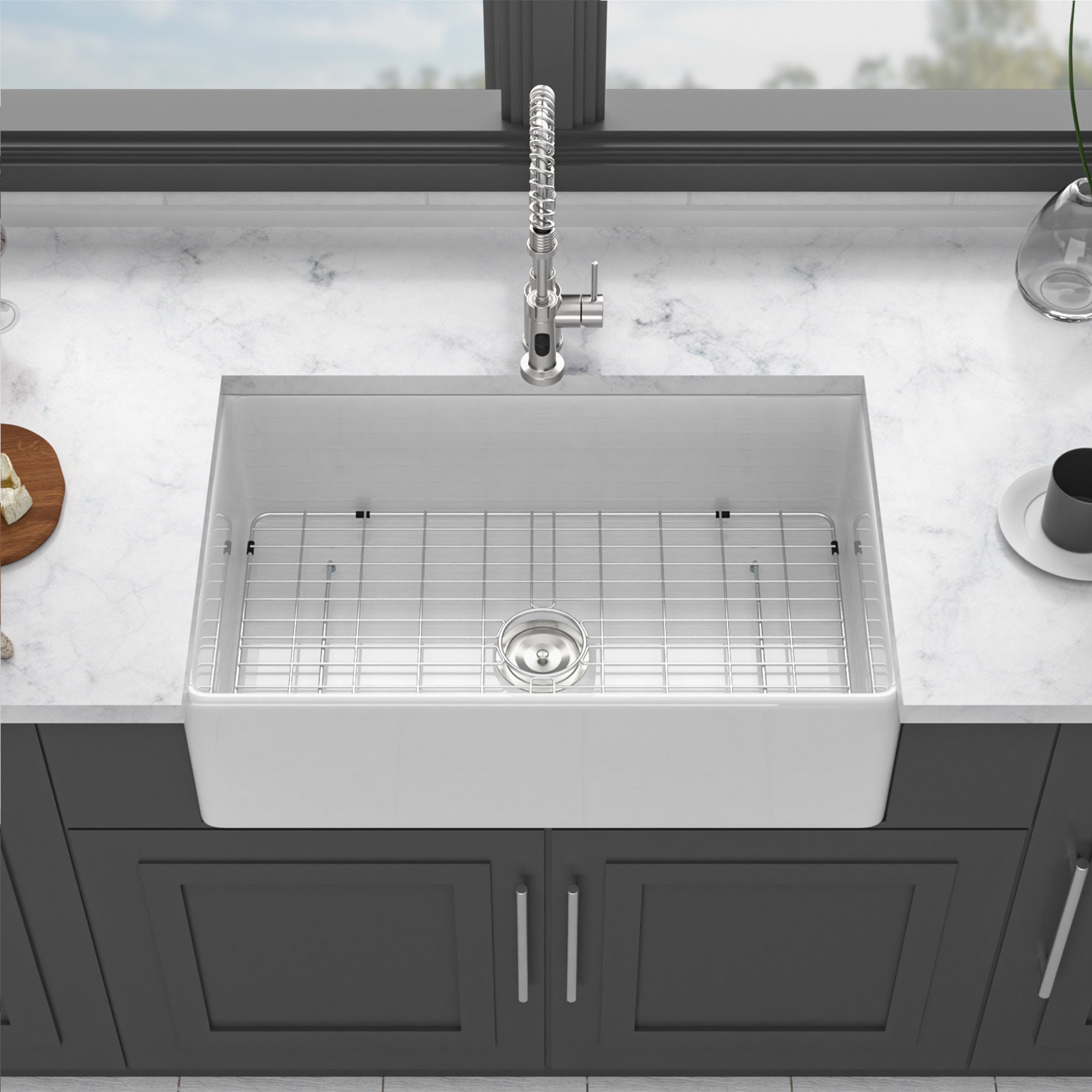 White Kitchen Sink - 33 inch White Porcelain Ceramic Single Bowl Reversible Design Kitchen Sink