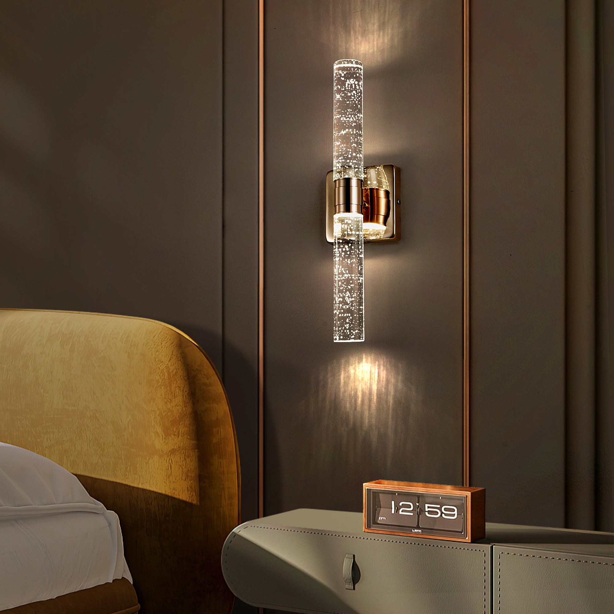 Contemporary Crystal Wall Light Sconce, 2-Light Gold-Plated Fixture with Bubble Crystal for Bathroom, Bedroom, Hallway – Modern Indoor Lighting