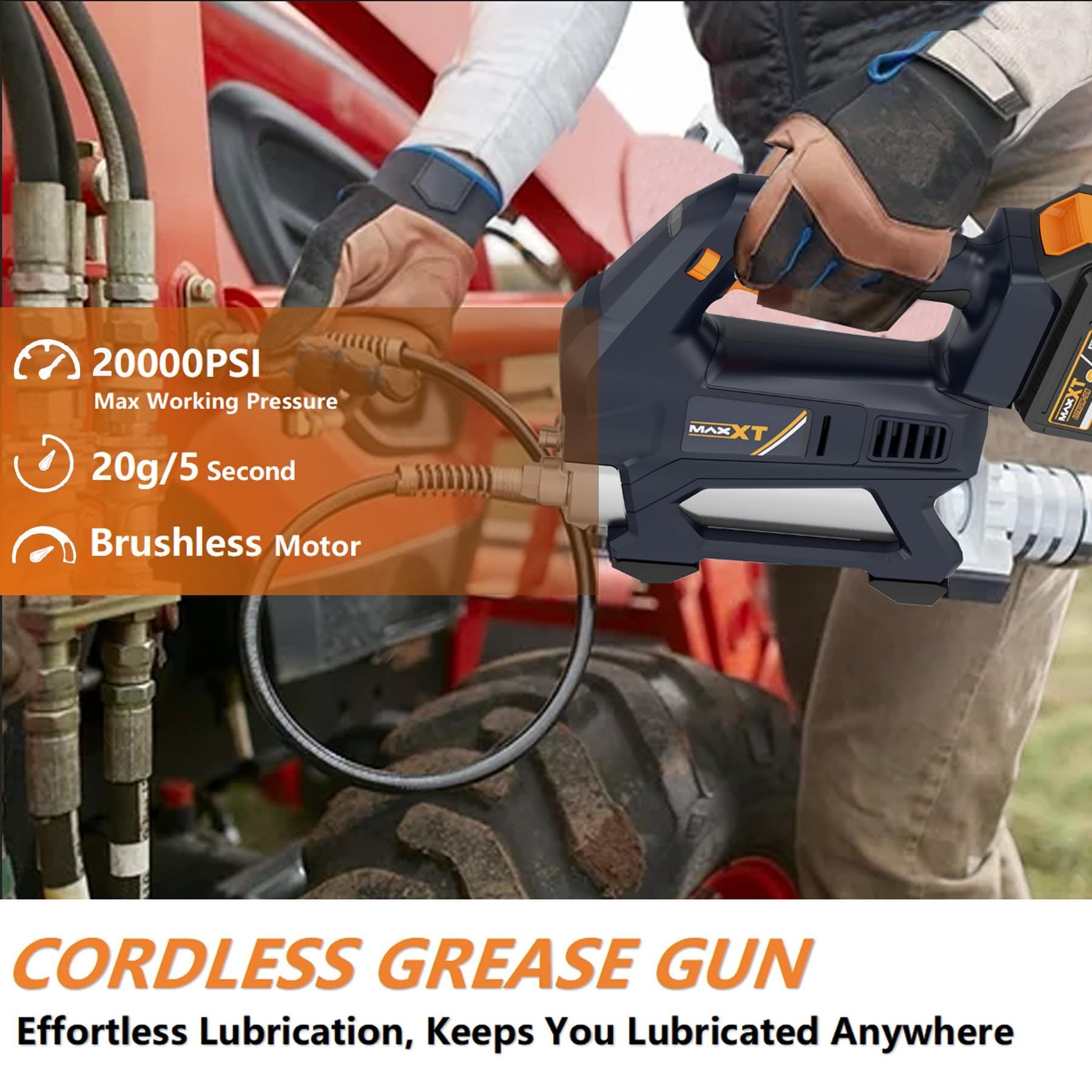 20V Cordless Grease Gun | Max 20000 PSI with 4.0Ah Battery & 6-Speed Control