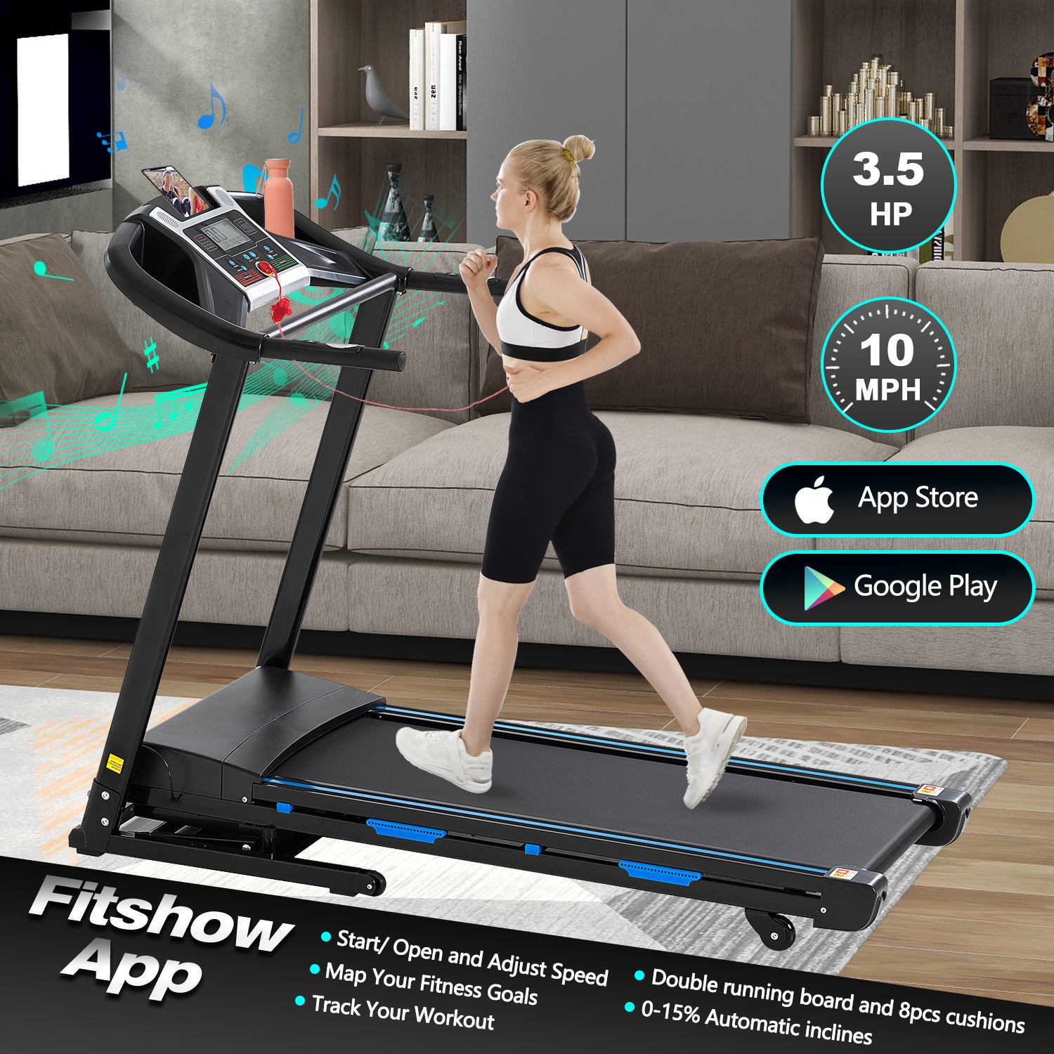 Foldable Electric Treadmill for Home – 3.5HP Motor, Auto Incline, Shock Absorption, Pulse Sensor, Bluetooth Speaker, FitShow App