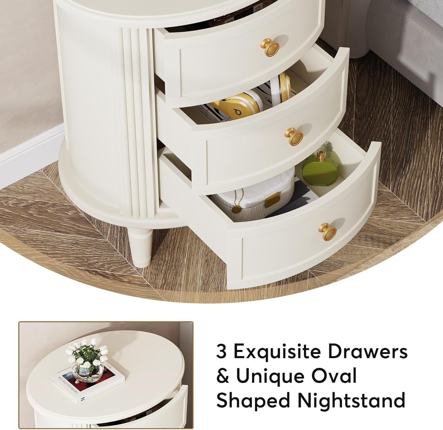 20" Oval Nightstand with 3 Drawers | Fully Assembled Farmhouse Bedside Table | Beige White