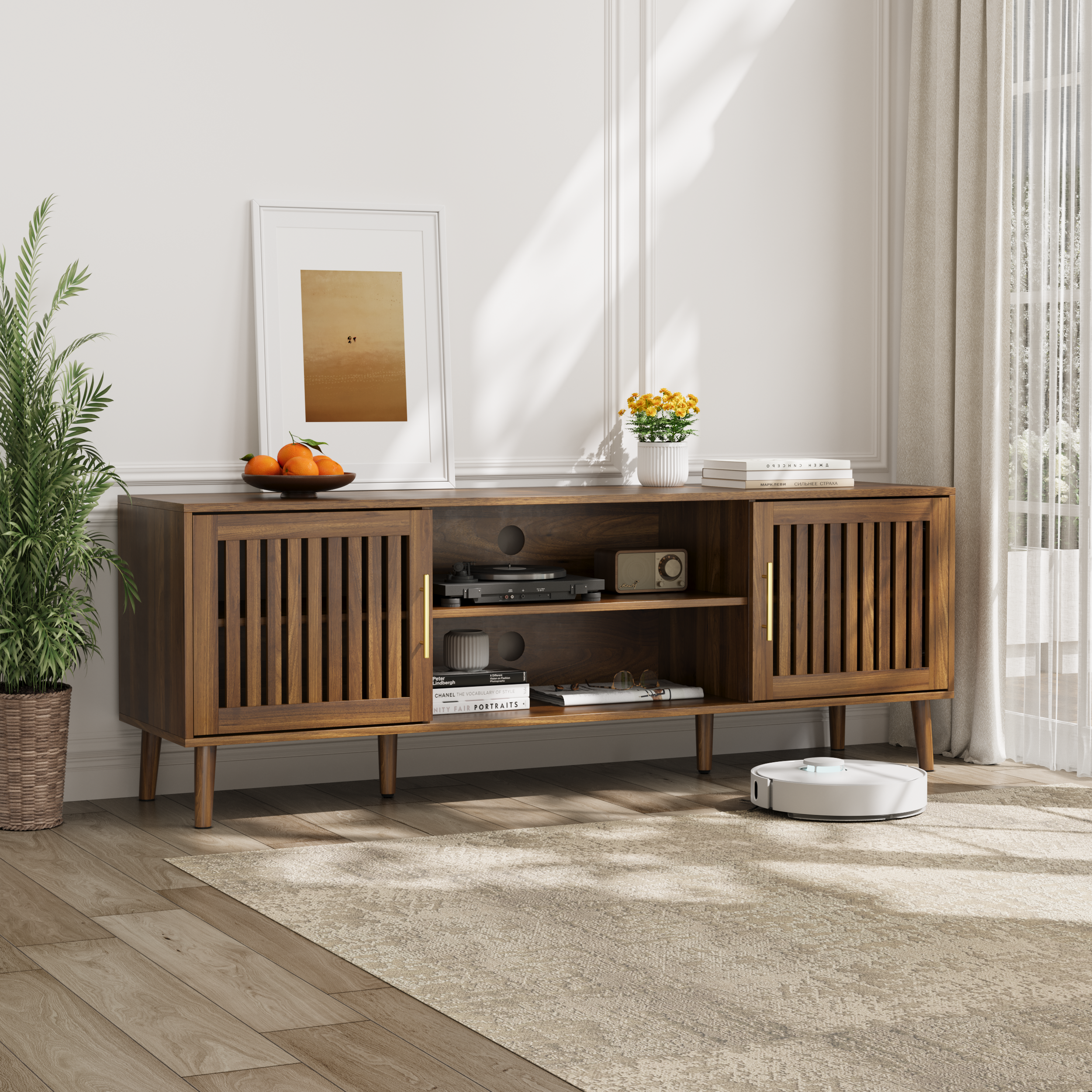 63-Inch Walnut TV Stand – Mid-Century Modern Entertainment Center with 2 Grille Door Cabinets & Adjustable Storage Rack, Fits 55/65/70 Inch TVs
