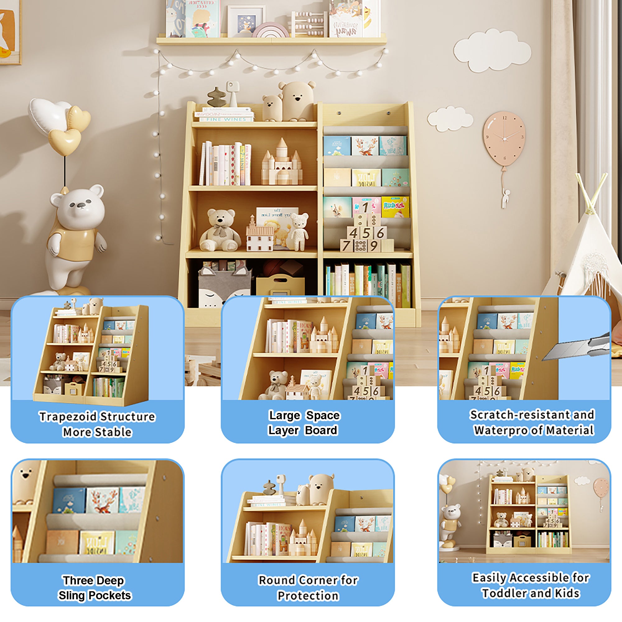 Wooden Toy Storage Organizer Cabinet – Natural Wood Kids Bookshelf, Adjustable Sling Book Rack for Playroom, Bedroom, Nursery, Hallway, and Kindergarten