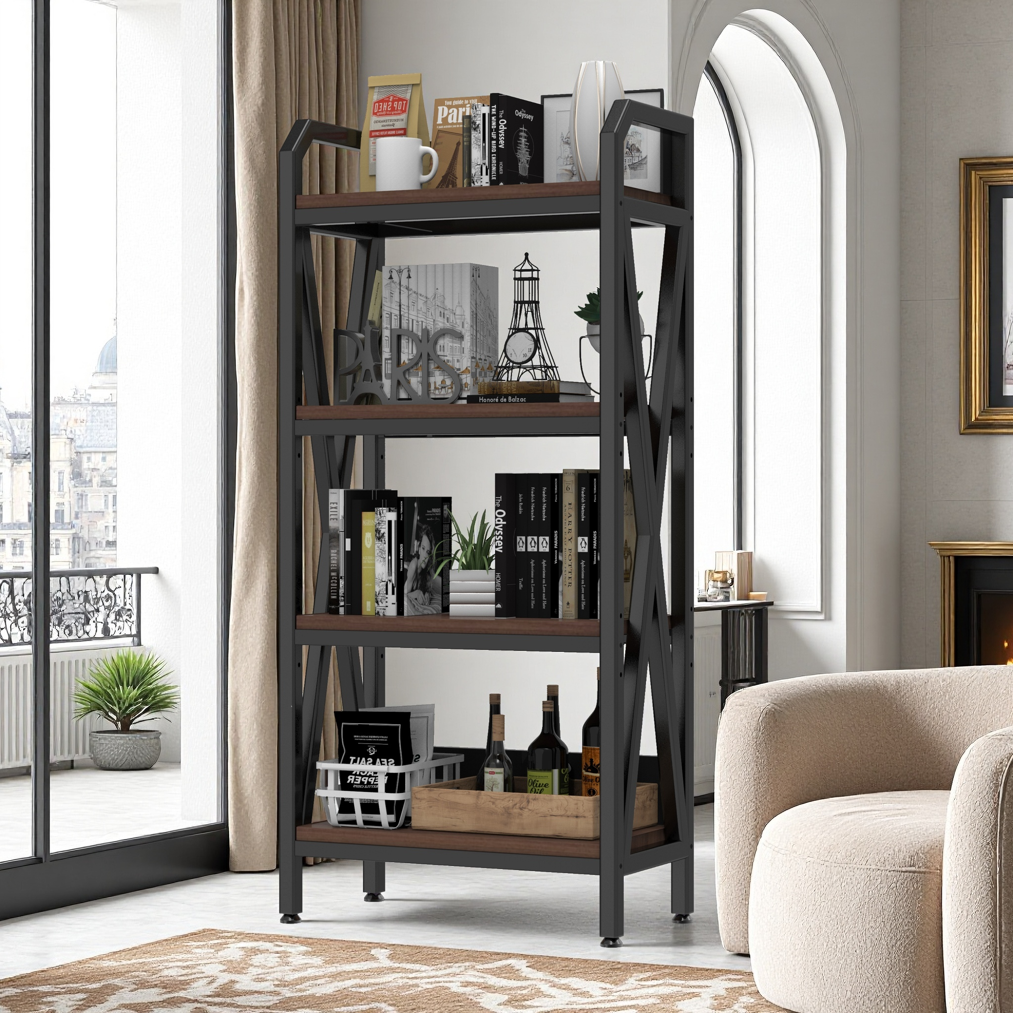 56.30'' Bakers Rack 4-Level Storage Shelves Mental and Wooden Kitchen Shelves, Kitchen Organizers and Storage, for Garage, Pantry, Bathroom ,25.60'' Length