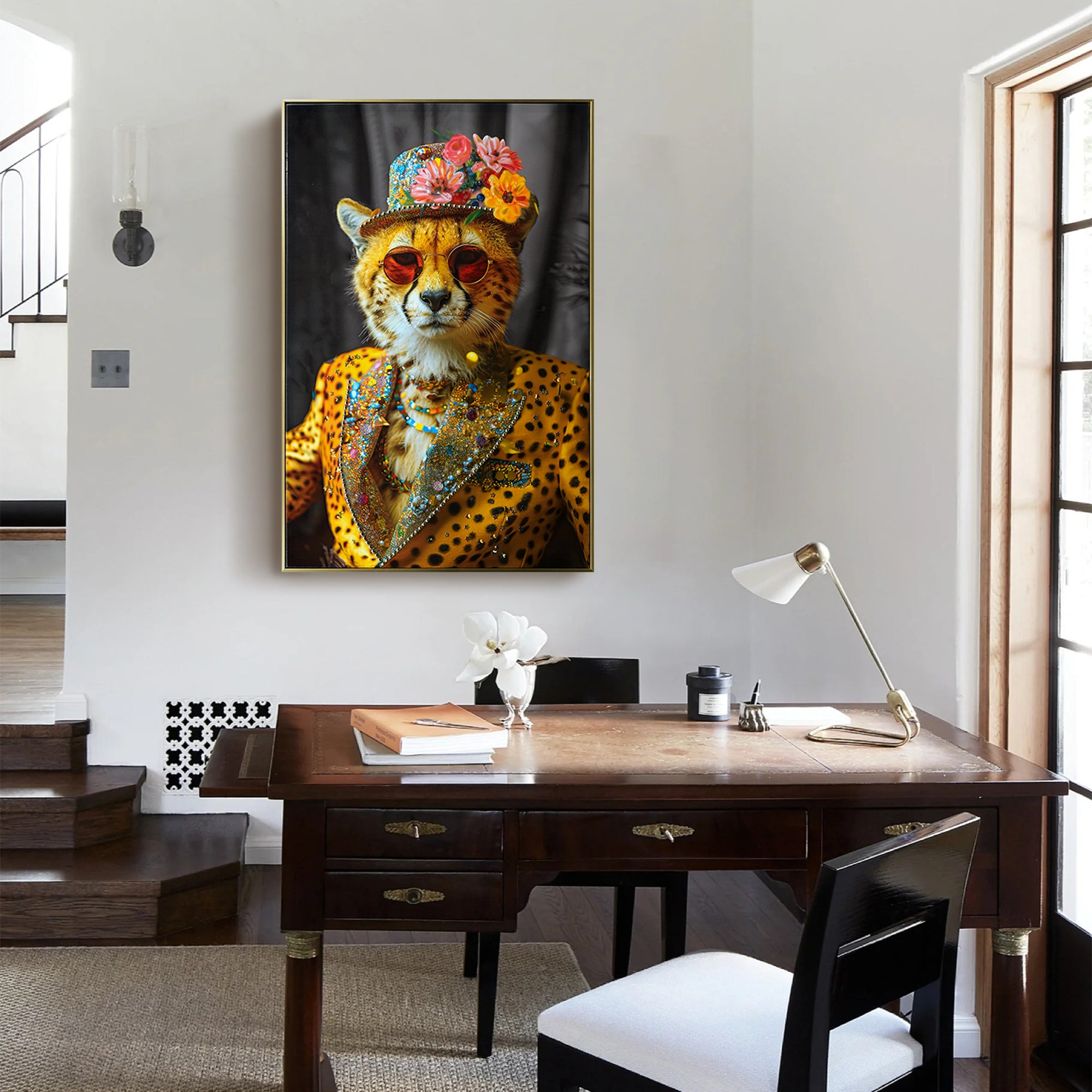  Abstract Art Wall Decor | Stylish Cheetah in a Leopard Print Suit, Sunglasses & Hat - Modern Canvas Painting