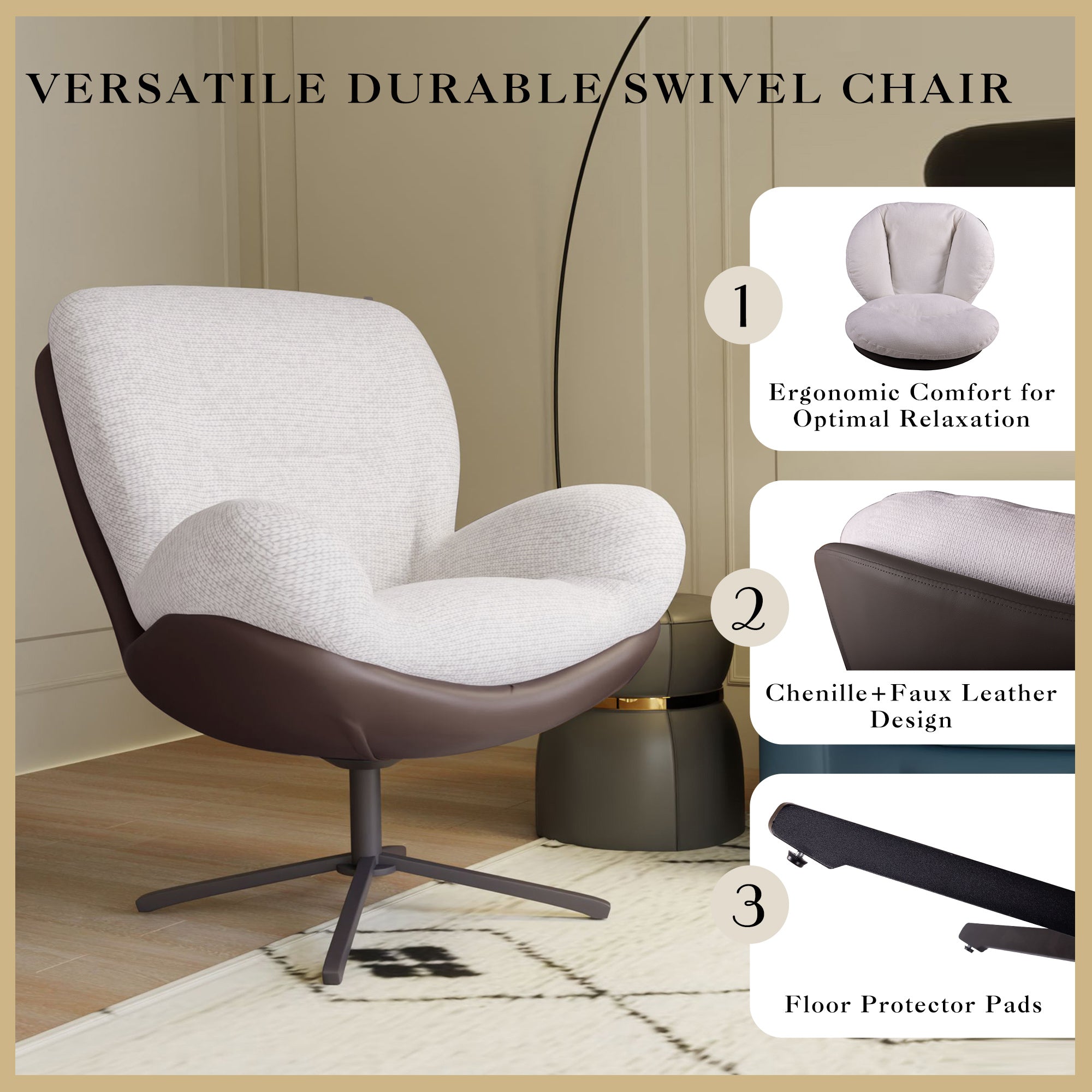 360° Swivel Office Chair, Modern Chenille Chair with Faux Leather and Black Metal Base Frame, No Wheels, Accent Chair for Small Spaces, Living Room, Bedroom, Reading Corner, Office (White)