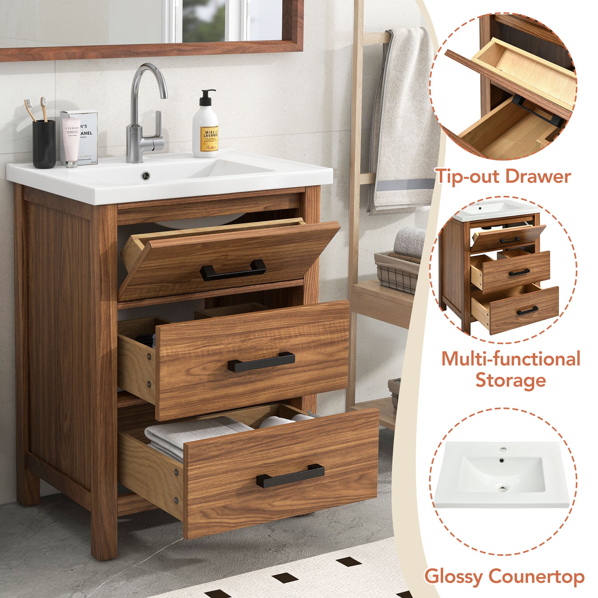 24'' Modern Bathroom Vanity with Ceramic Sink | Freestanding Cabinet with 3 Drawers (SW000108AAP)