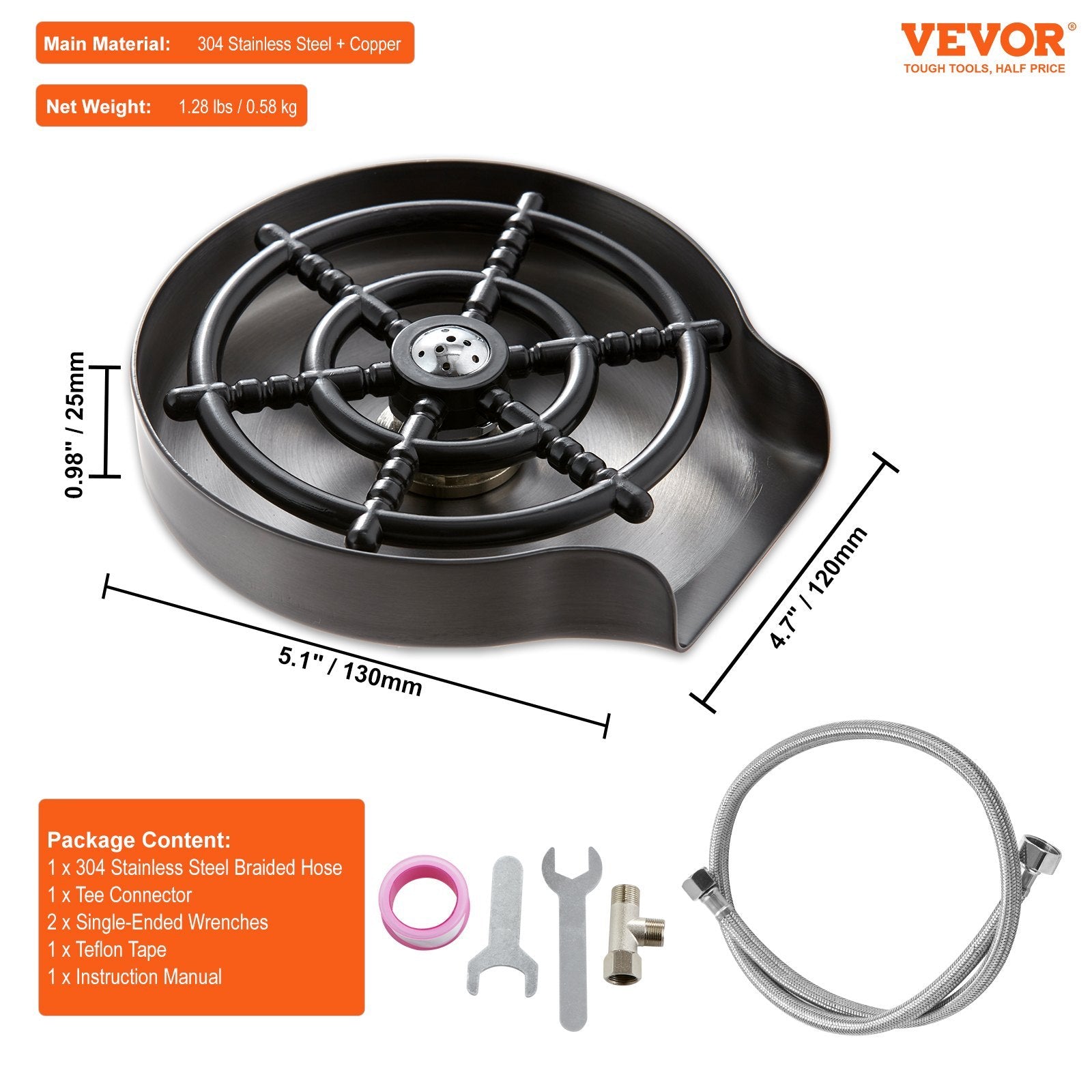 304 Stainless Steel Glass Rinser | 10-Jet Faucet Cup Washer for Sink