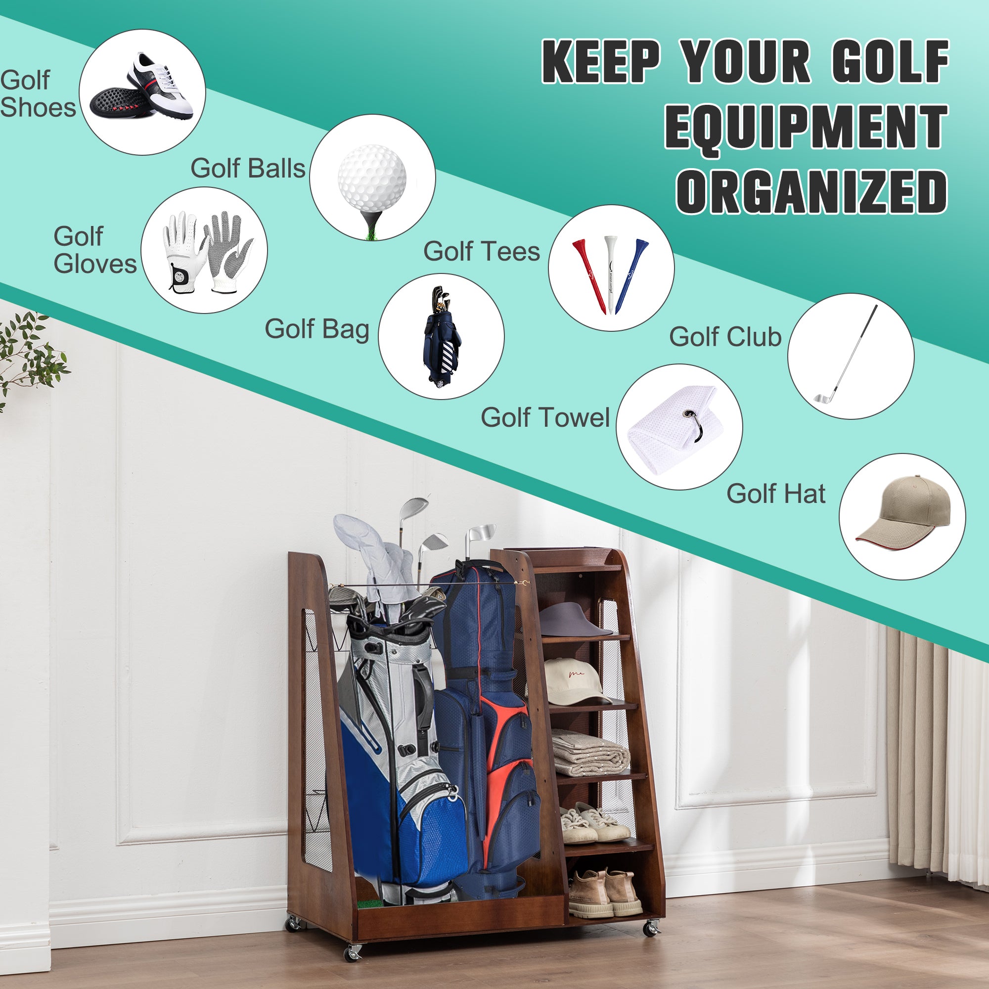 Golf Bag Organizer for Garage, Premium Wooden Golf Clubs Storage Rack Fit 2 Golf Bags, Golf Trunk Organizer for Car Garage Club Shed Basement,Brown
