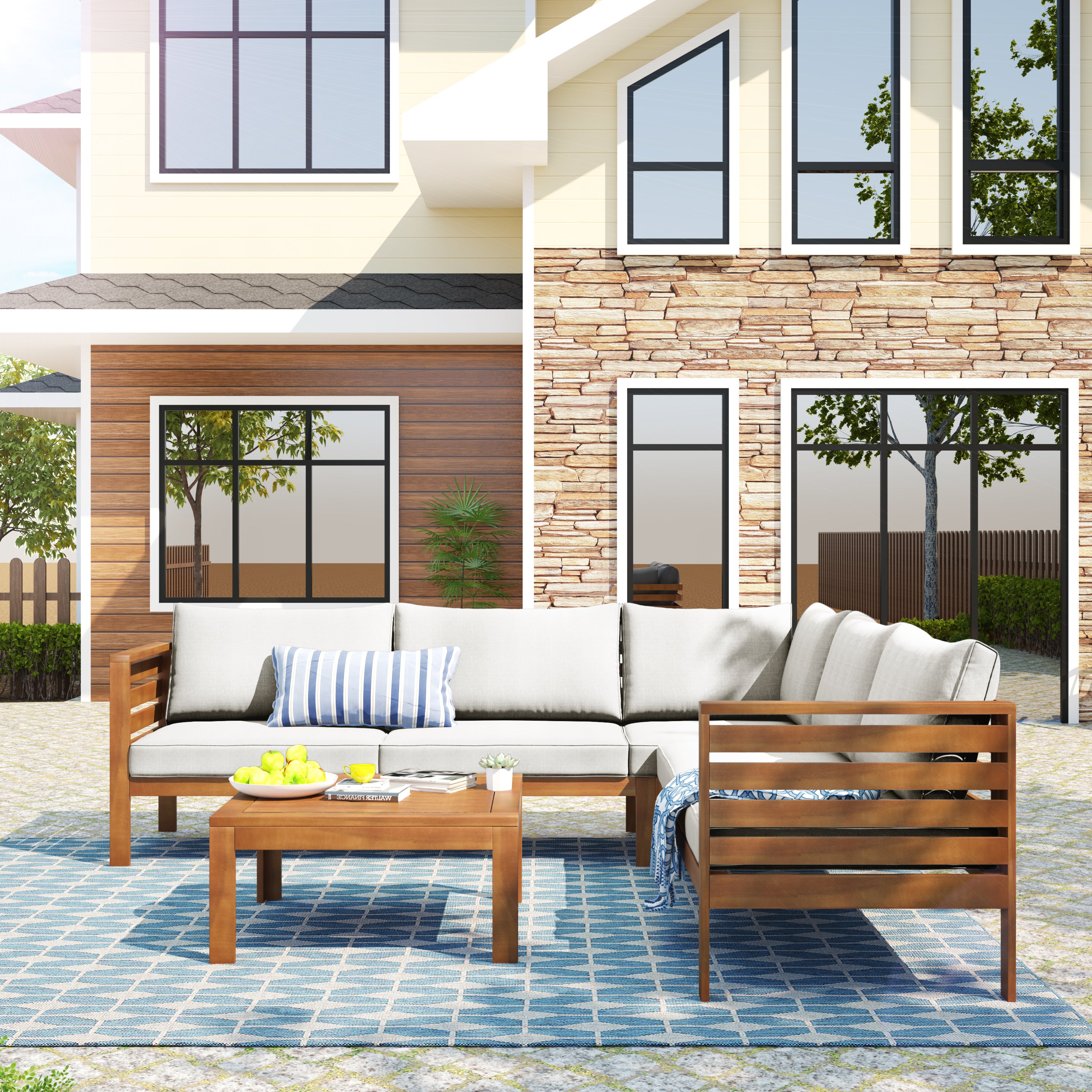 GO Wood Structure Outdoor Sofa Set with beige Cushions Exotic design Water-resistant and UV Protected texture High quality acacia wood Strong Metal Accessories