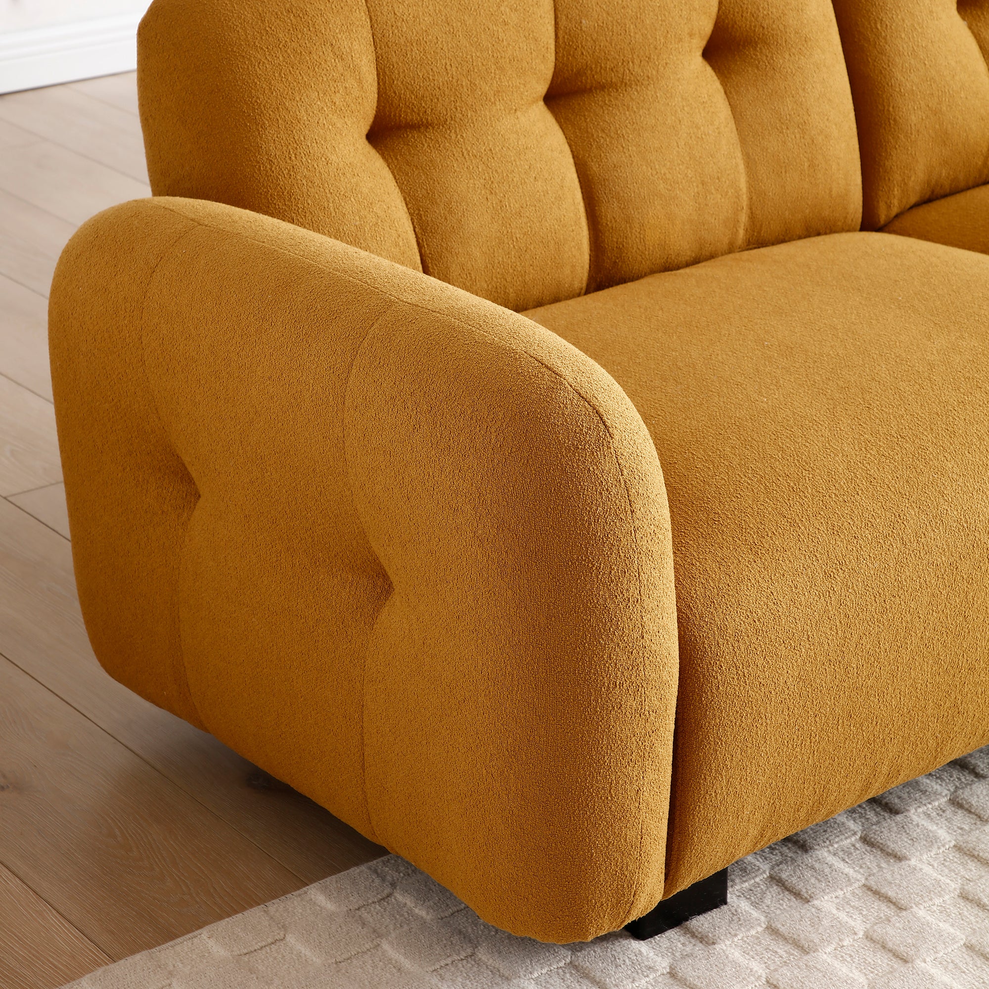 81.48" Modern 3-Seater Sofa Couch, Teddy Sectional with Wooden Legs, Upholstered Deep Seat Love Seat Chaise for Living Room, Bedroom, Apartment and Office, Cognac