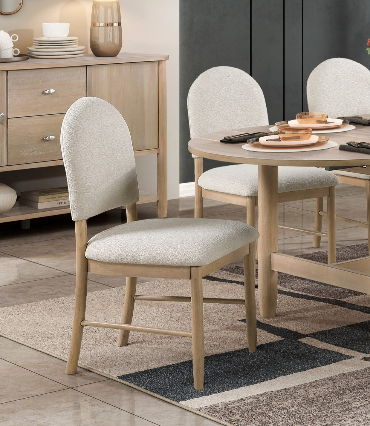 Natural Finish Dining Side Chairs Set of 2, Beige Fabric Upholstered Seat Back Classic Luxury Dining Room Furniture