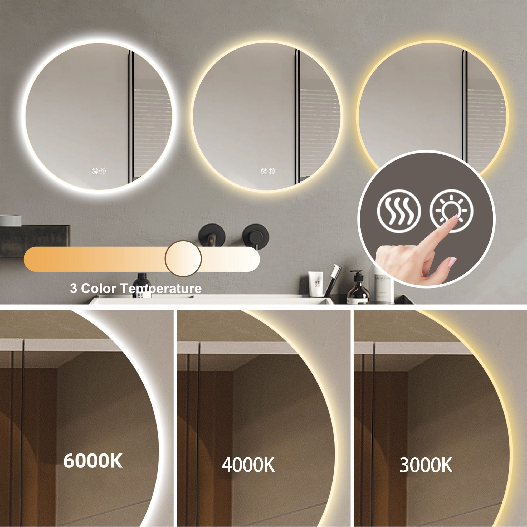 32" Round LED Bathroom Mirror - Anti-Fog, 3-Color Dimmable Vanity Light