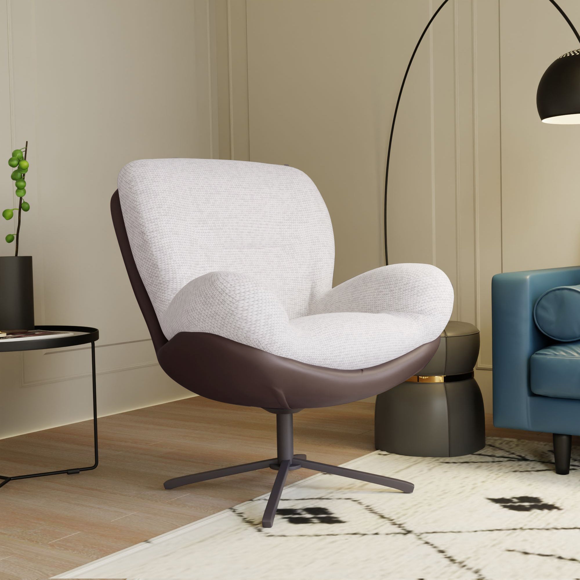 360° Swivel Office Chair, Modern Chenille Chair with Faux Leather and Black Metal Base Frame, No Wheels, Accent Chair for Small Spaces, Living Room, Bedroom, Reading Corner, Office (White)