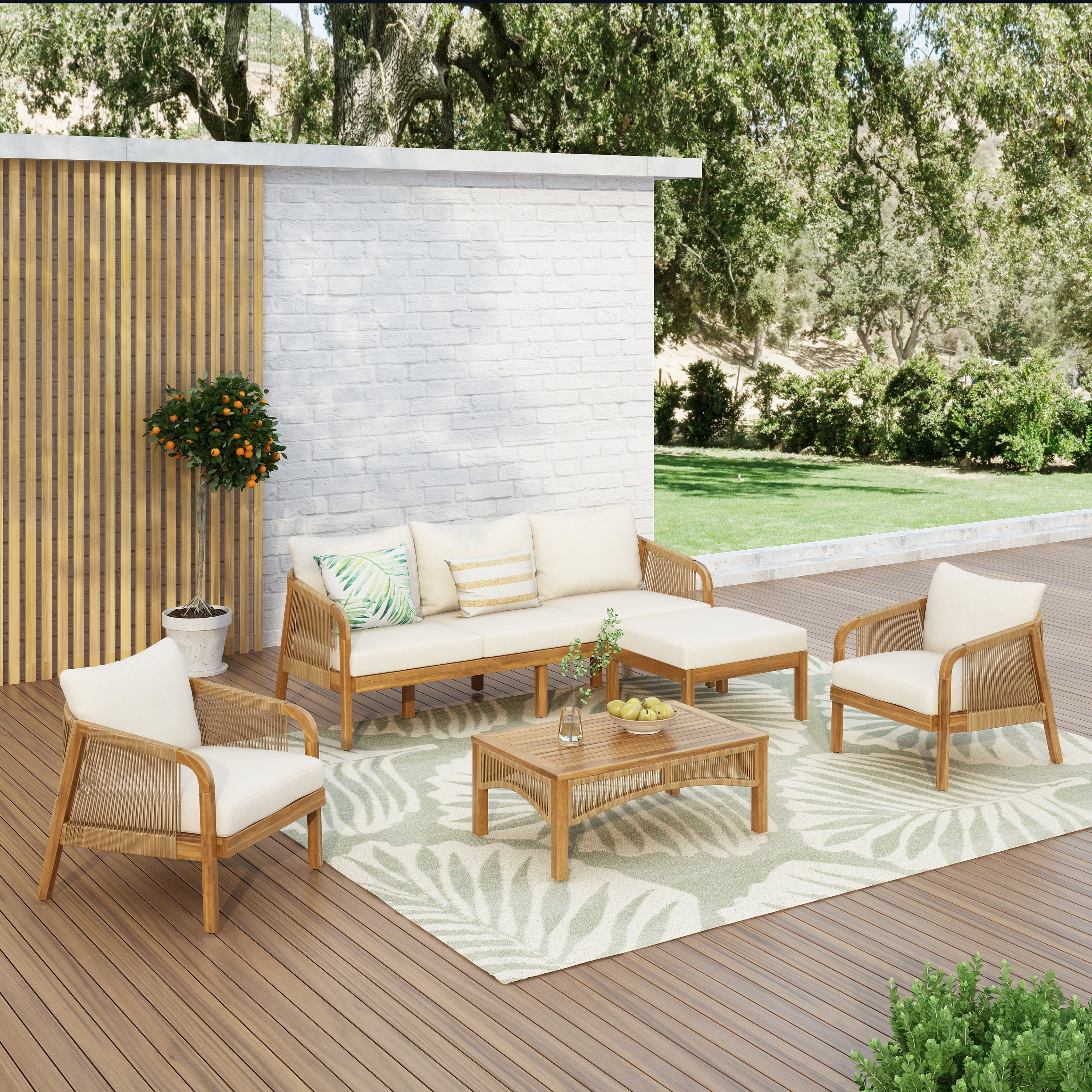 5-piece Acacia wood patio furniture set, outdoor furniture (including coffee table), patio reception set (with Cushions and Sofa Ottoman), garden porch chairs, backyard porch balcony, brown and beige