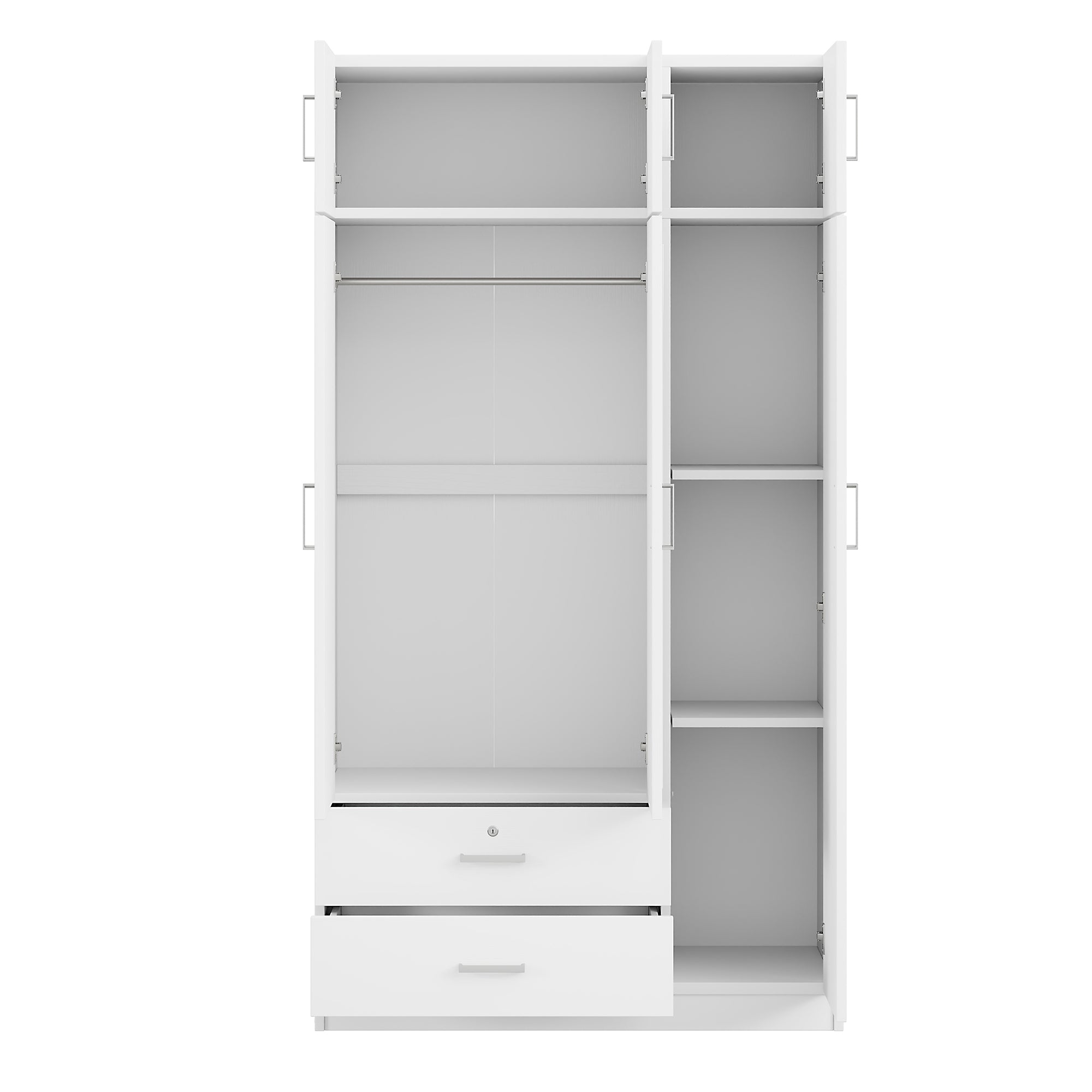 3-Door Mirror Wardrobe with 2 Drawers and Top Cabinet, White