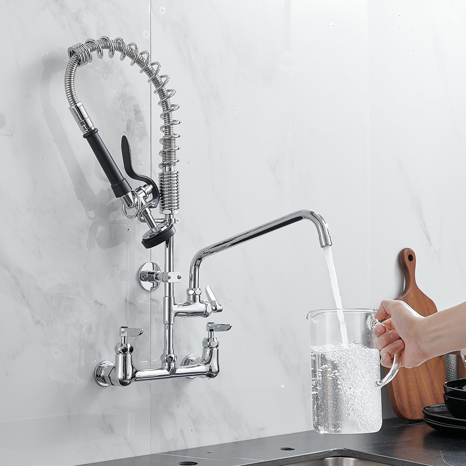 Commercial Deck Mount Kitchen Faucet with Pre-Rinse Sprayer | 8-Inch Center, 21" Height with 10" Add-on Spout