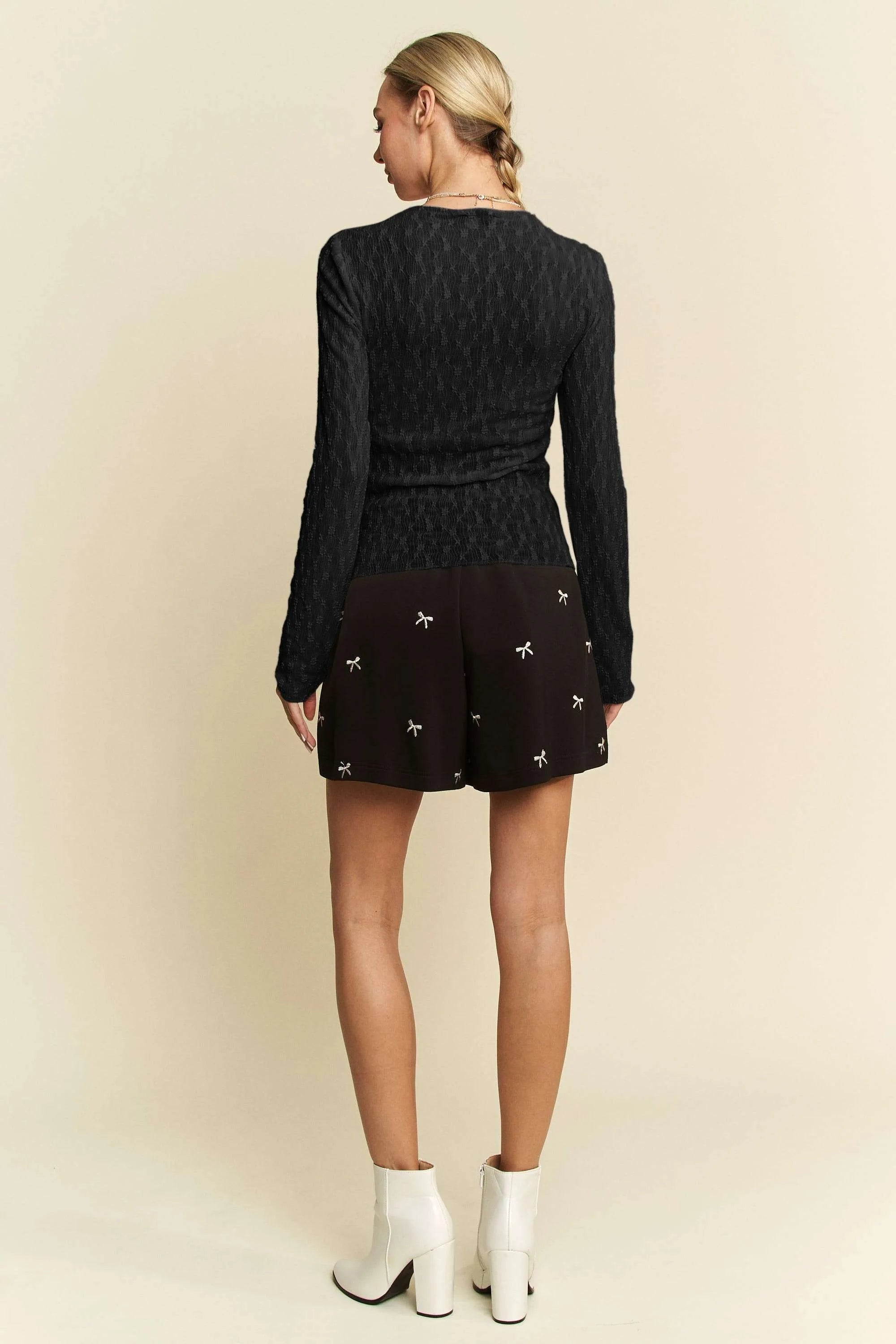 Davi & Dani Long Sleeve Sheer Small Embroidered Bows Lace Top