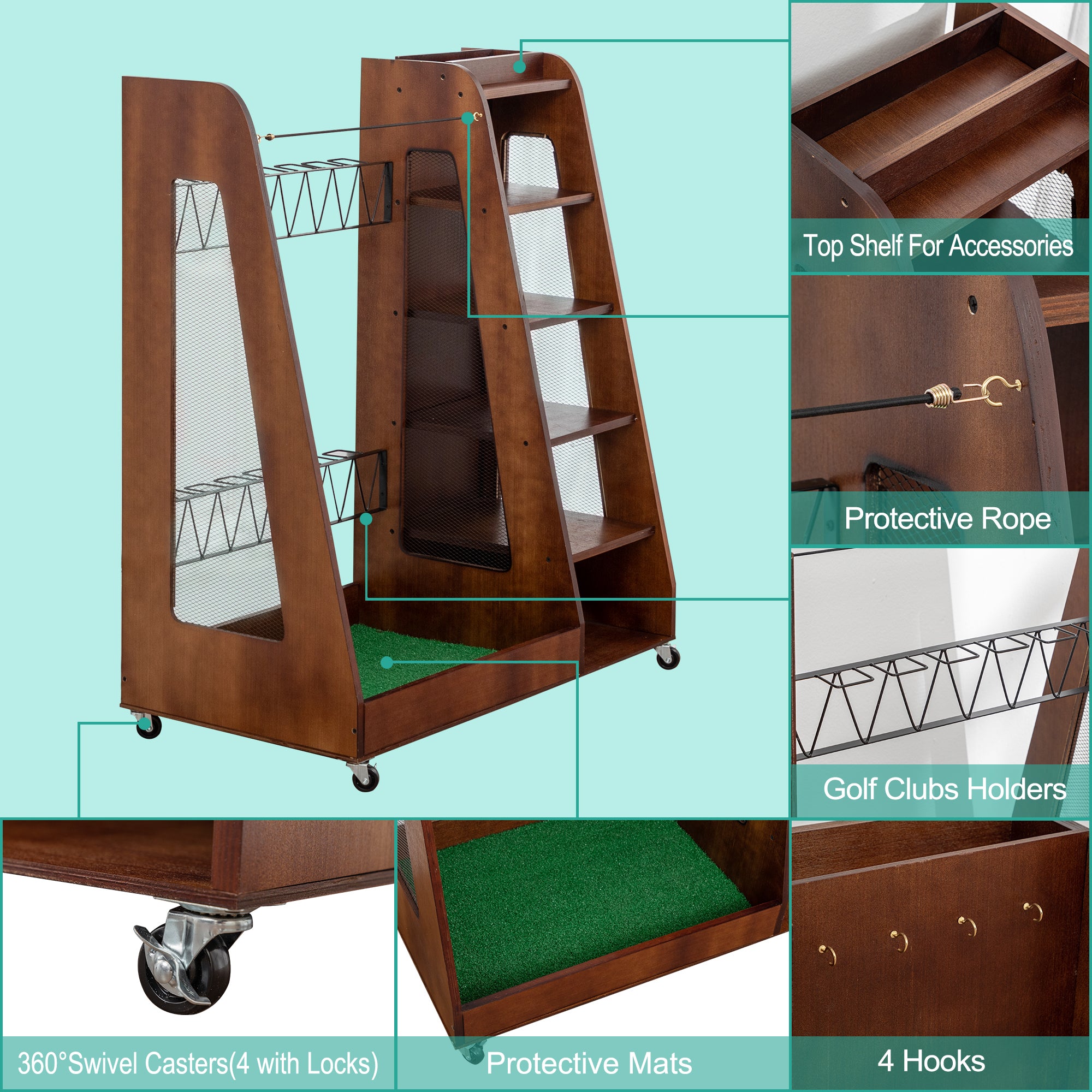 Golf Bag Organizer for Garage, Premium Wooden Golf Clubs Storage Rack Fit 2 Golf Bags, Golf Trunk Organizer for Car Garage Club Shed Basement,Brown