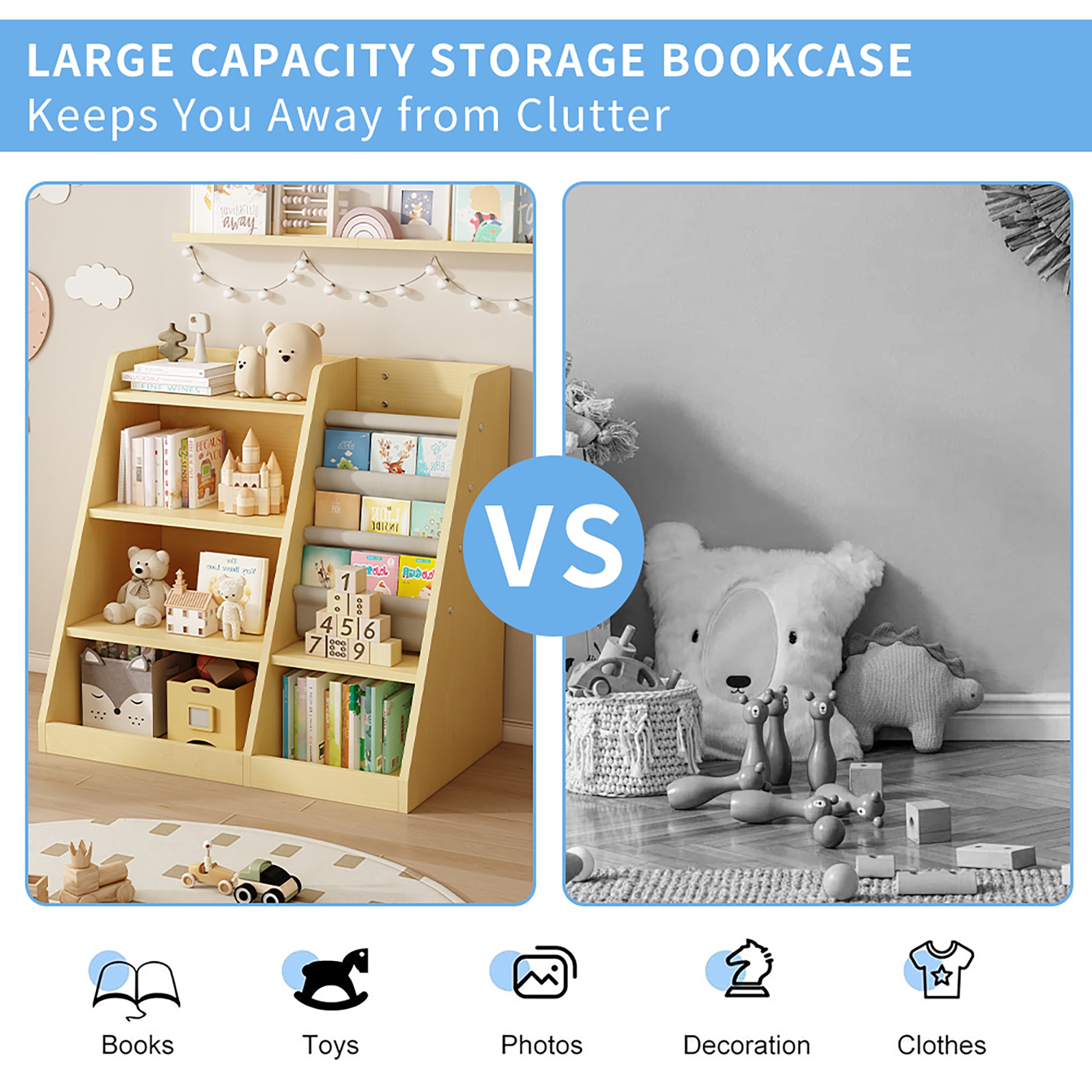 Wooden Toy Storage Organizer Cabinet – Natural Wood Kids Bookshelf, Adjustable Sling Book Rack for Playroom, Bedroom, Nursery, Hallway, and Kindergarten