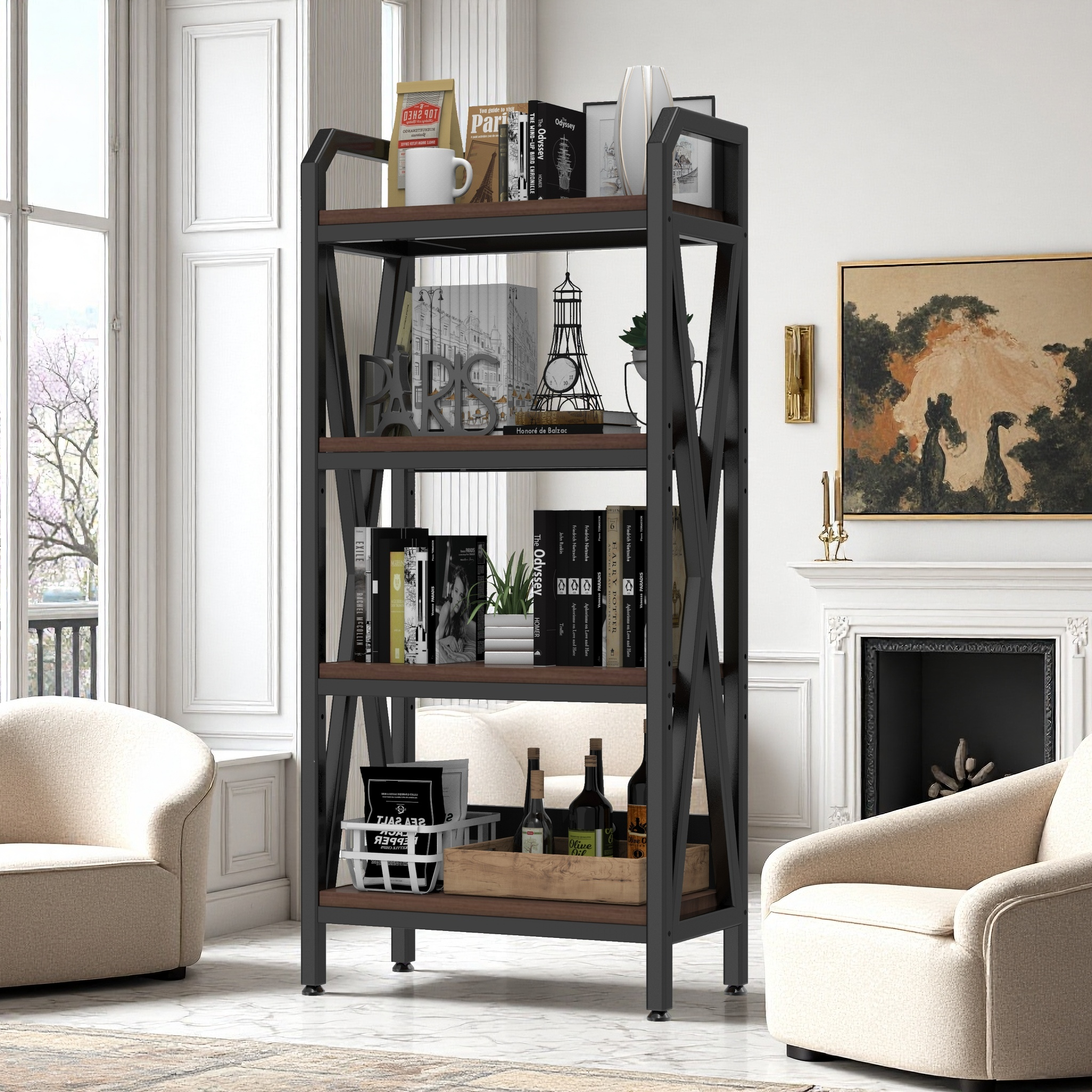 56.3" 4-Tier Bakers Rack | Metal & Wooden Kitchen Storage Shelves, 25.6" Length