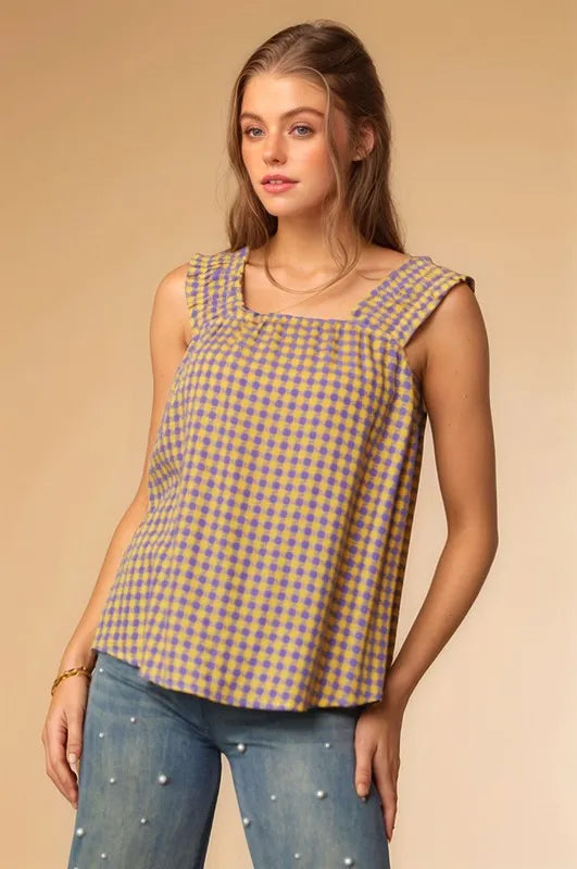 Davi & Dani Printed Square Neck Shirred Straps Top