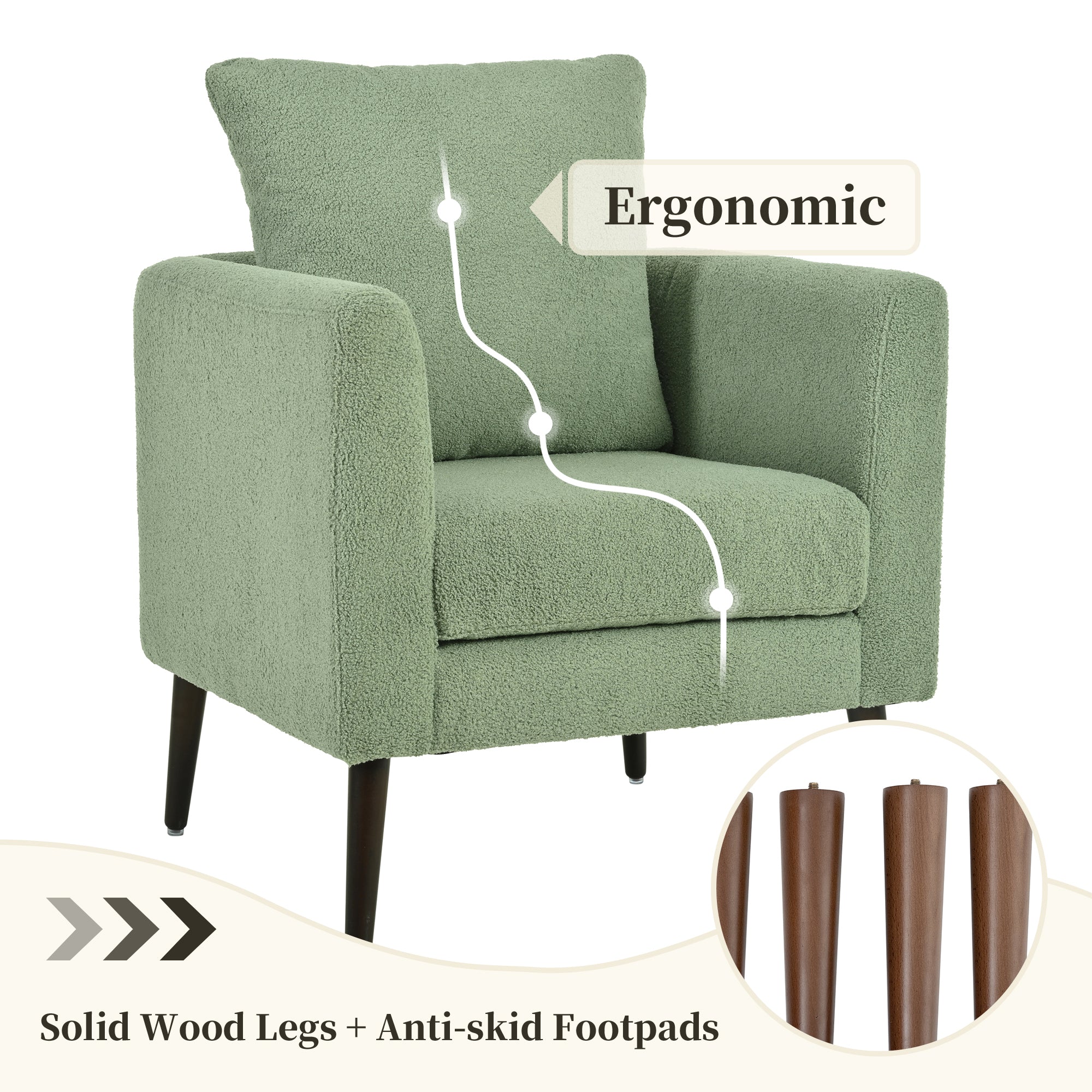 Modern Accent Chair – Upholstered Mid Century Lounge Armchair with Pillow & Wood Legs for Living Room, Bedroom, Reception Room (Light Green)