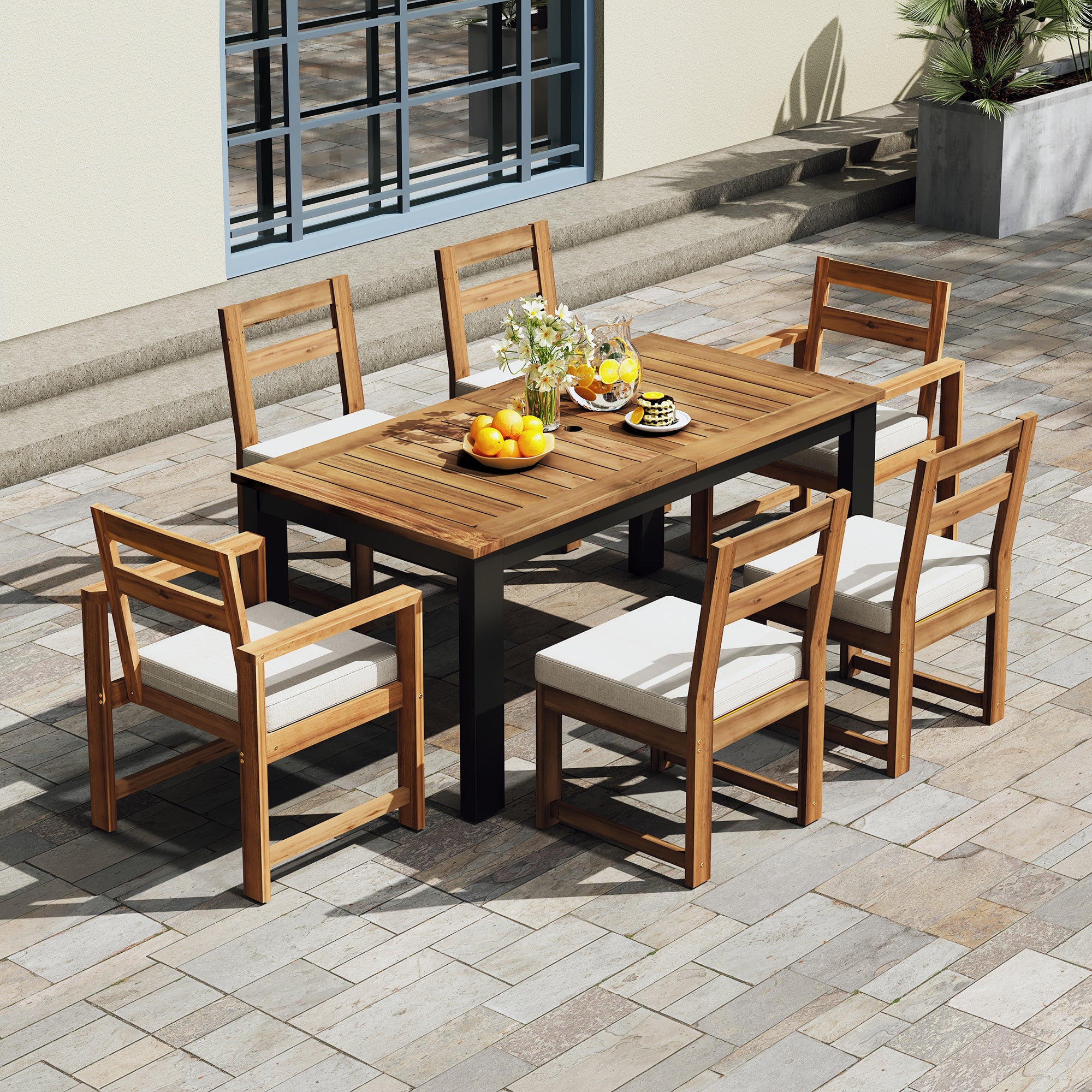 TREXM 7-Piece Patio Dining Set – Wood Outdoor Table with Umbrella Hole, 2 Armchairs & 4 Side Chairs, Garden Furniture (Light Teak + Beige)