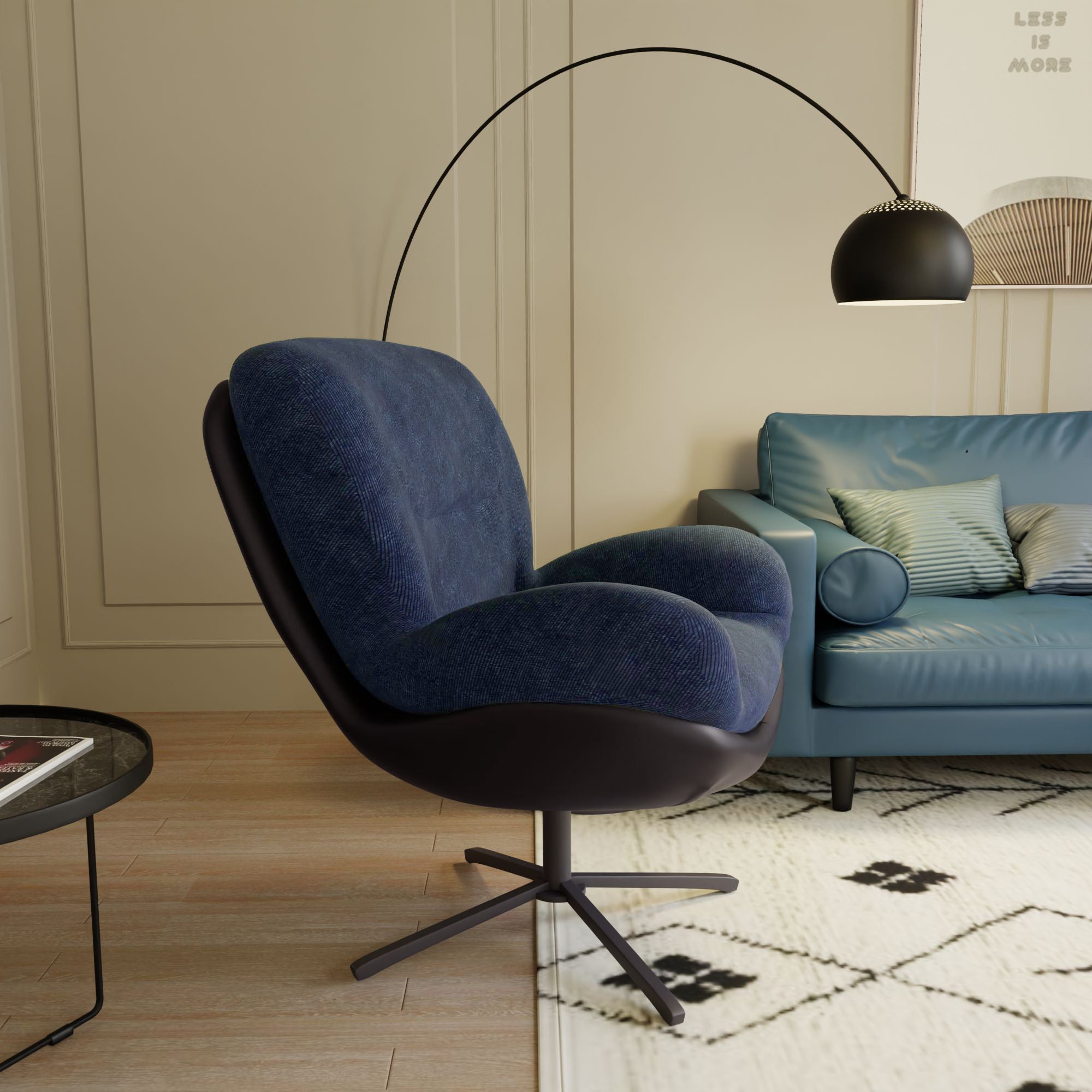360° Swivel Office Chair, Modern Chenille Chair with Faux Leather and Black Metal Base Frame, No Wheels, Accent Chair for Small Spaces, Living Room, Bedroom, Reading Corner, Office, Dark Blue