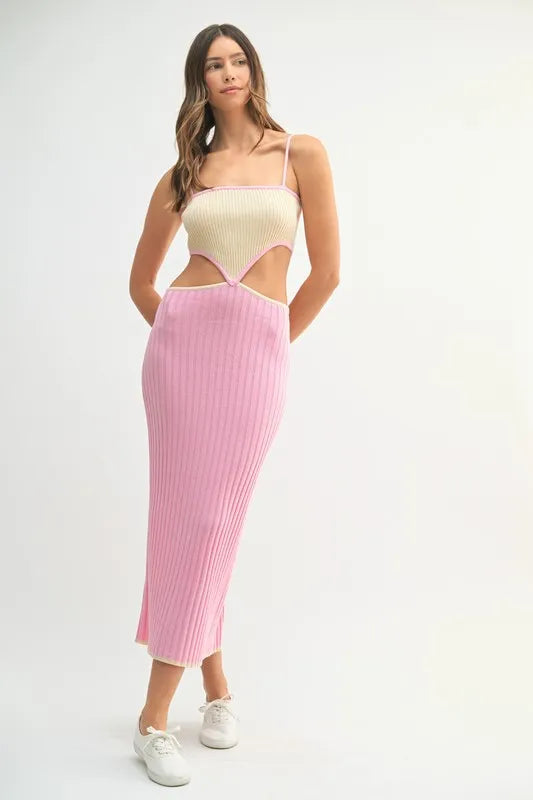 MABLE Ribbed Knit Color Block Cutout Midi Dress-Max-Origin