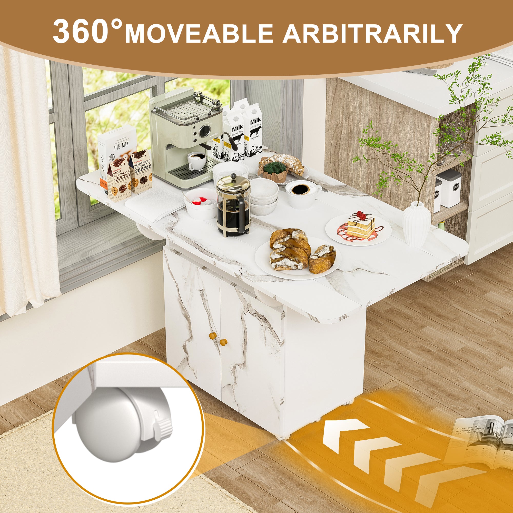 47" Wood Folding Dining Table with Storage Rack and Cabinet, Removable Entryway Table on 6 Wheels, White Marble Kitchen Island, Side and Coffee Table, Space-Saving Versatile Design