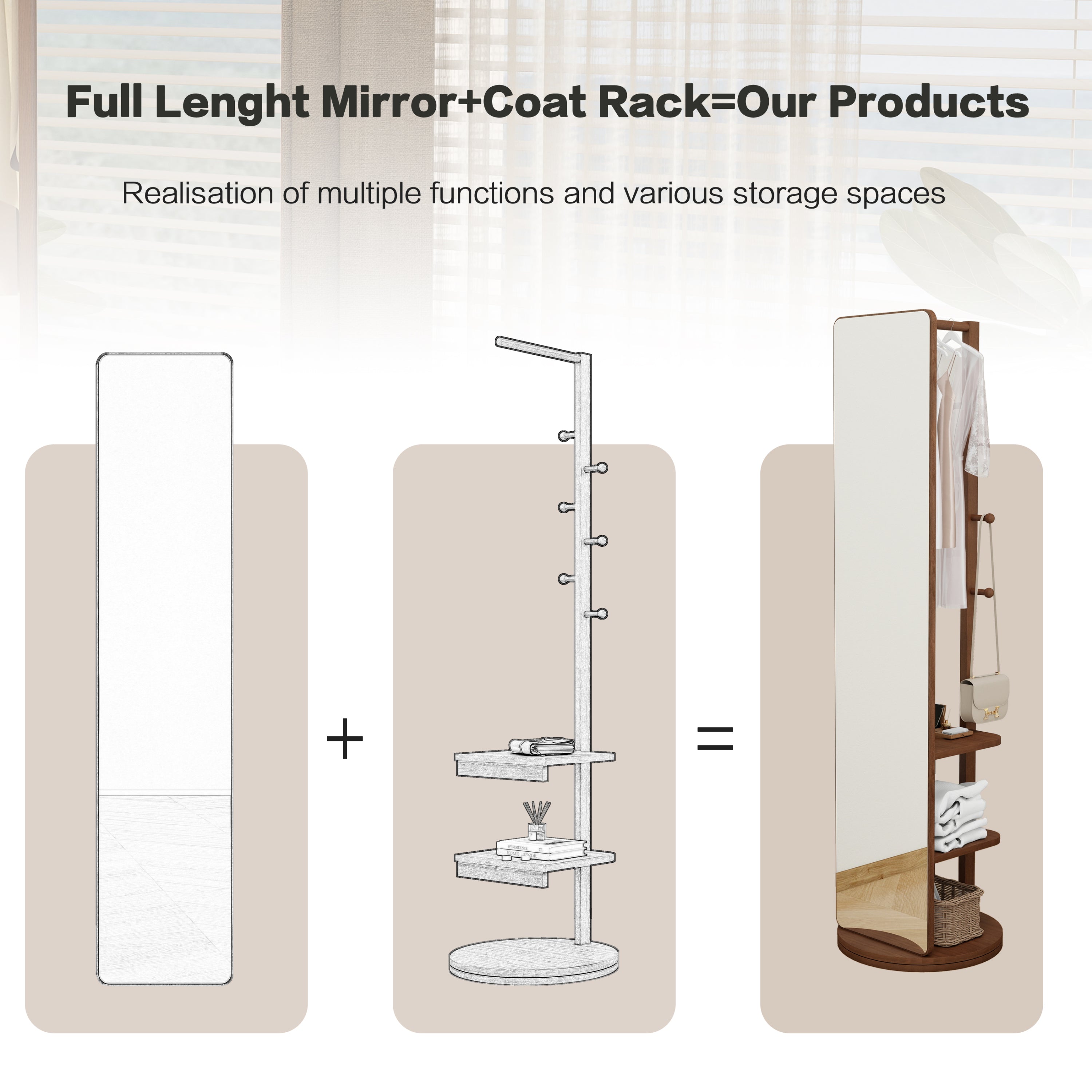 Full-body mirror, solid wood + rubber wood + glass, 19.6*68.8in(mirror width:15.7in) Large mirror for viewing the whole body, easy to dress and tidy up and place in the bedroom/living room (Walnut)
