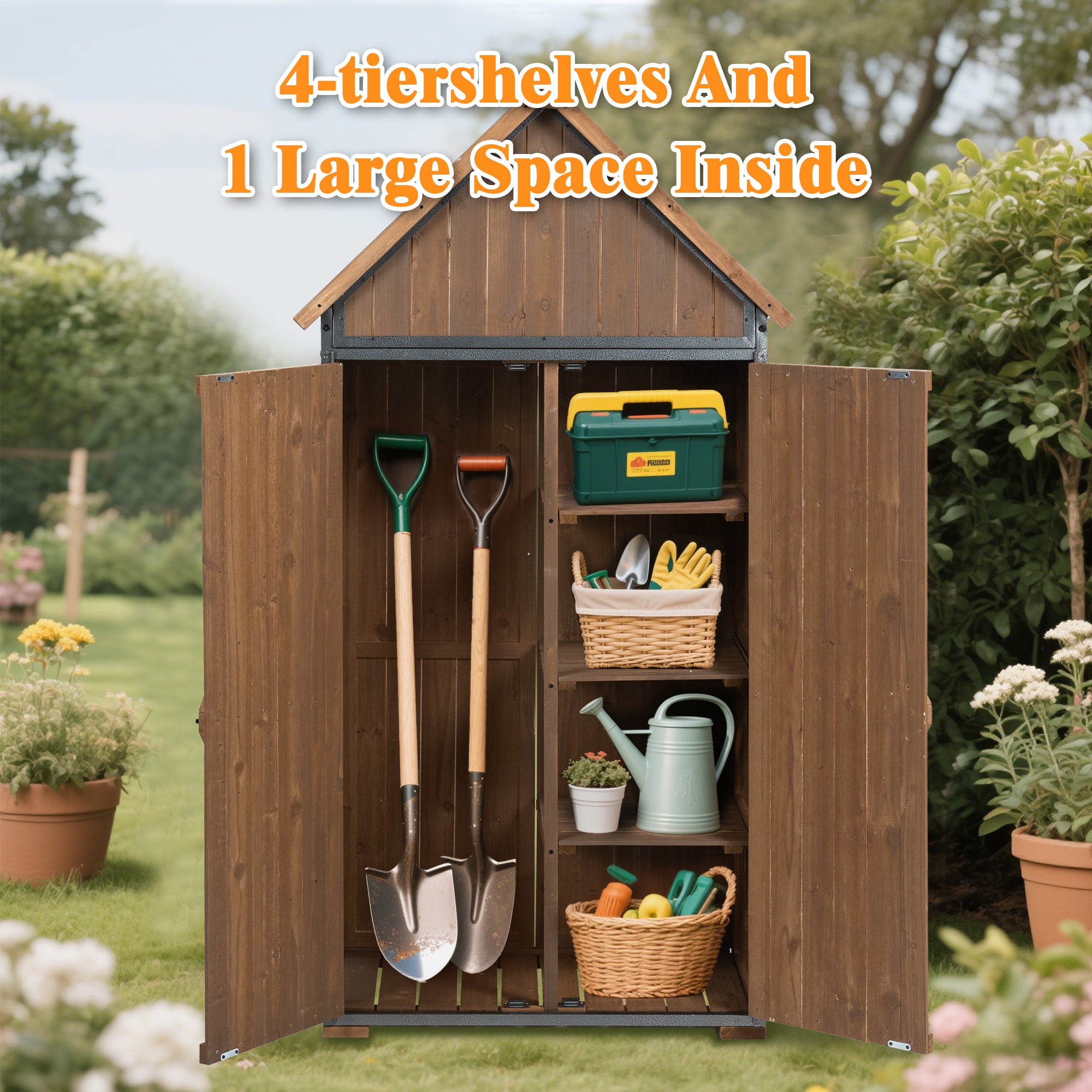 Outdoor Storage Cabinet 32.3'L X 21'W X 67'H, Garden Shed Tool Shed with Metal Frame Structure for Backyard Garden Patio Lawn (Brown)