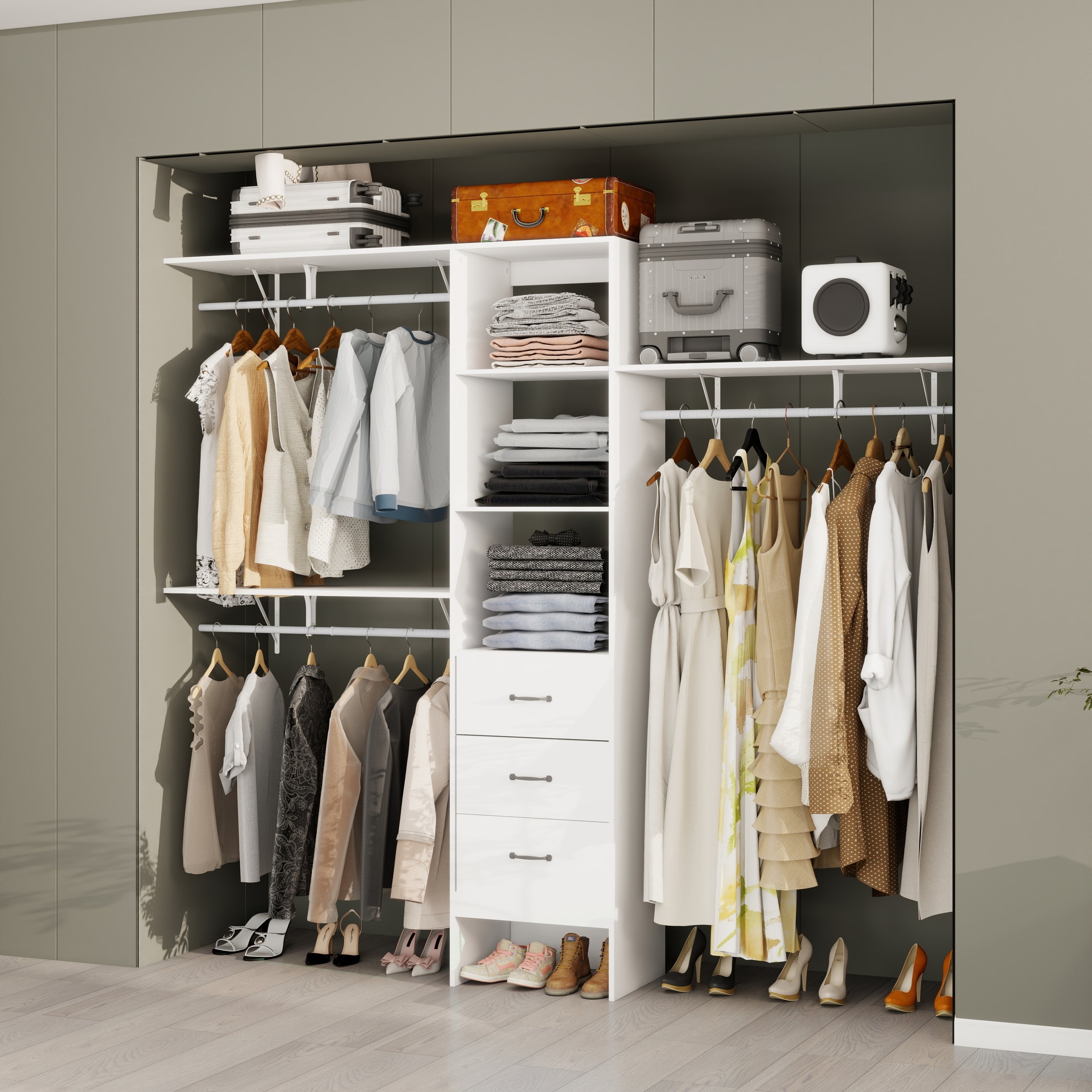96 Inches Closet System, 8FT Walk In Closet Organizer with 3 Adjustable Shelves & 3 Expandable Hanger Rods & 3 Drawers, Built-In Garment Rack, 96"L x 16"W x 82"H, Load 1000 LBS-White