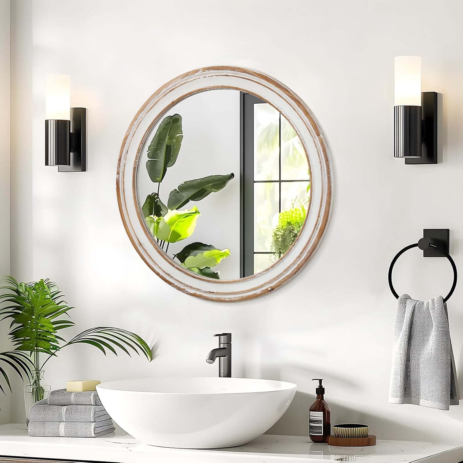  23.62" Round Wall Mirror for Bathroom Vanity, Wooden Farmhouse Circle Mirror with Whitewash Edge – Decorative Mirror for Bedroom, Entryway, Living Room, Kitchen & Office