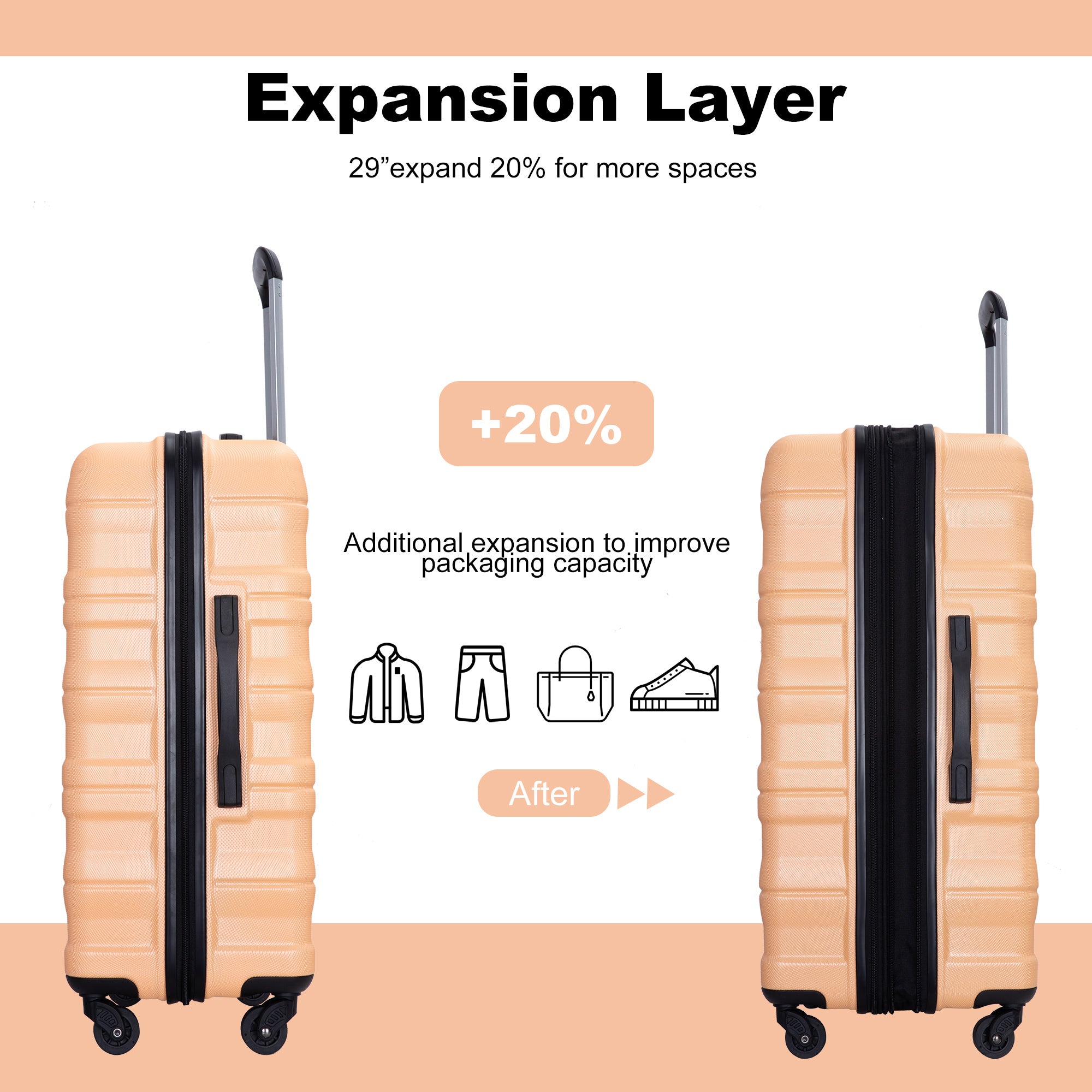 Expandable 3 Piece Luggage Sets PC Lightweight & Durable Suitcase with Two Hooks, Spinner Wheels, TSA Lock, Peach