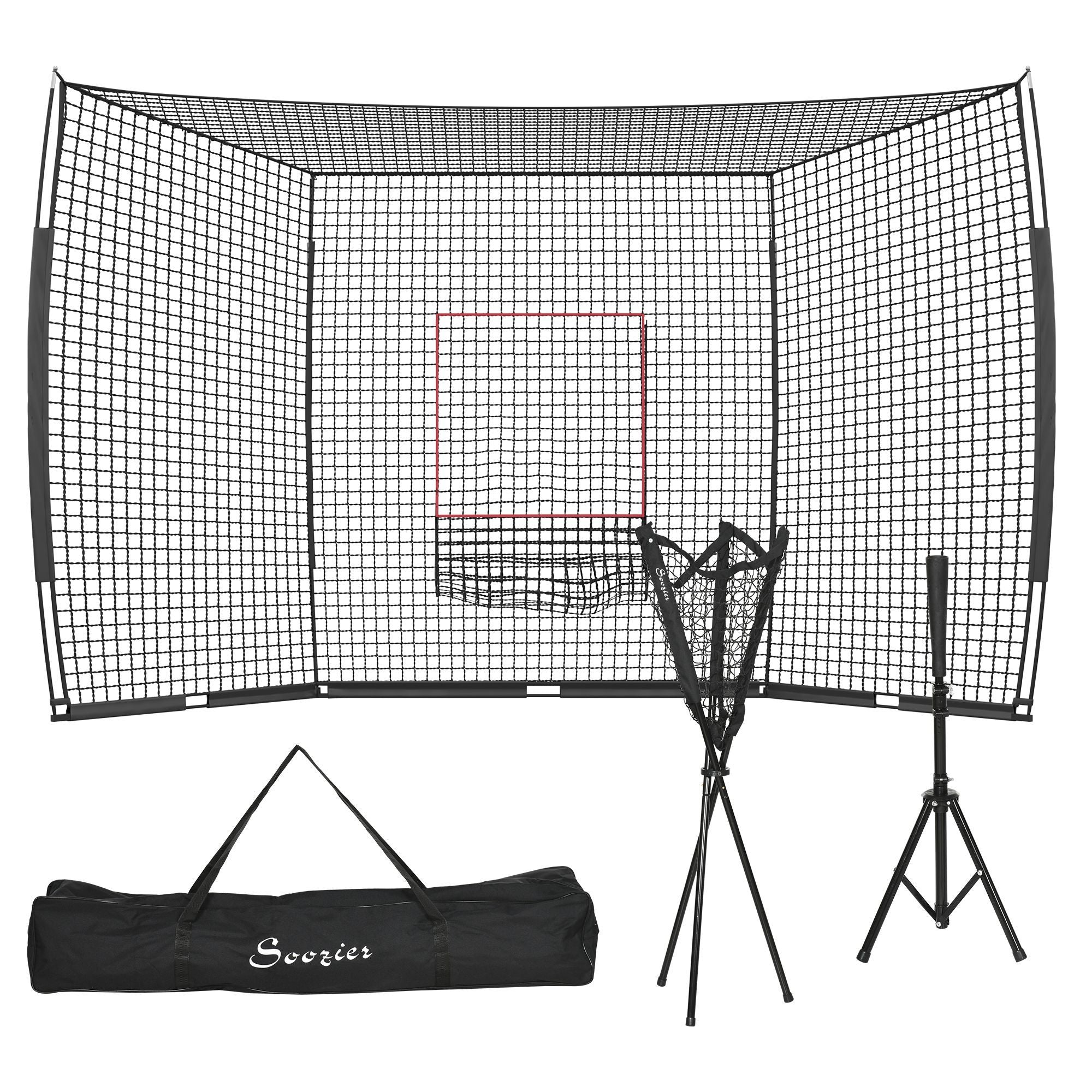 Soozier 17' x 5.5' Baseball Net with Strike Zone – Portable Baseball & Softball Training Set with Batting Tee, Ball Caddy & Carry Bag for Hitting and Pitching Practice