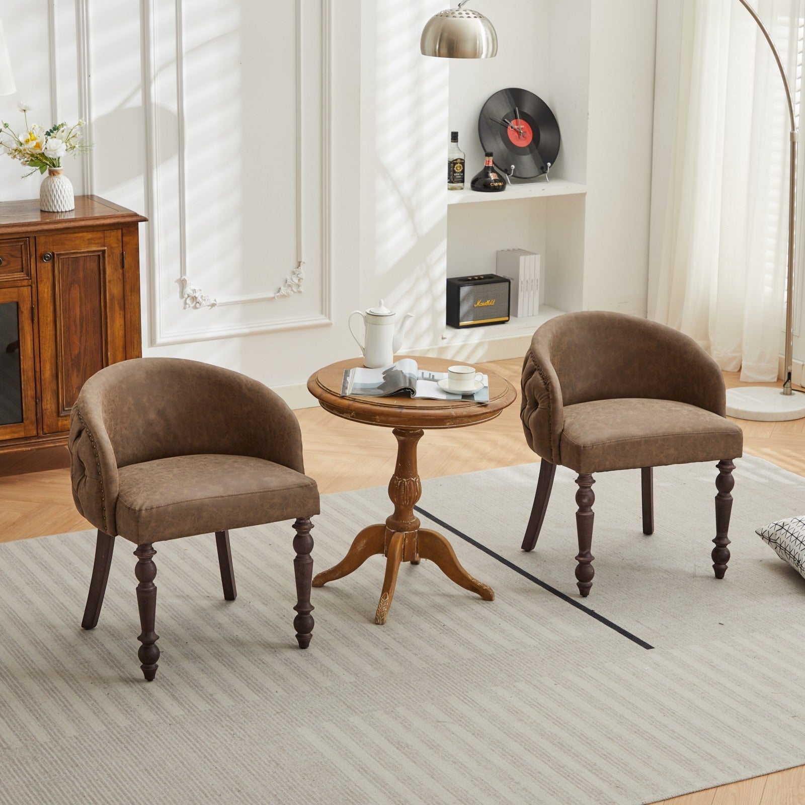 Hand-pulled buckle decoration PU Dining Chair,Accent Leisure Chair, Mid-Century Modern Arm Chair with Solid Wood Armrests and Legs, 1-Seat Cushioned Sofa for Living Room Bedroom,Brown color,SW1865BR