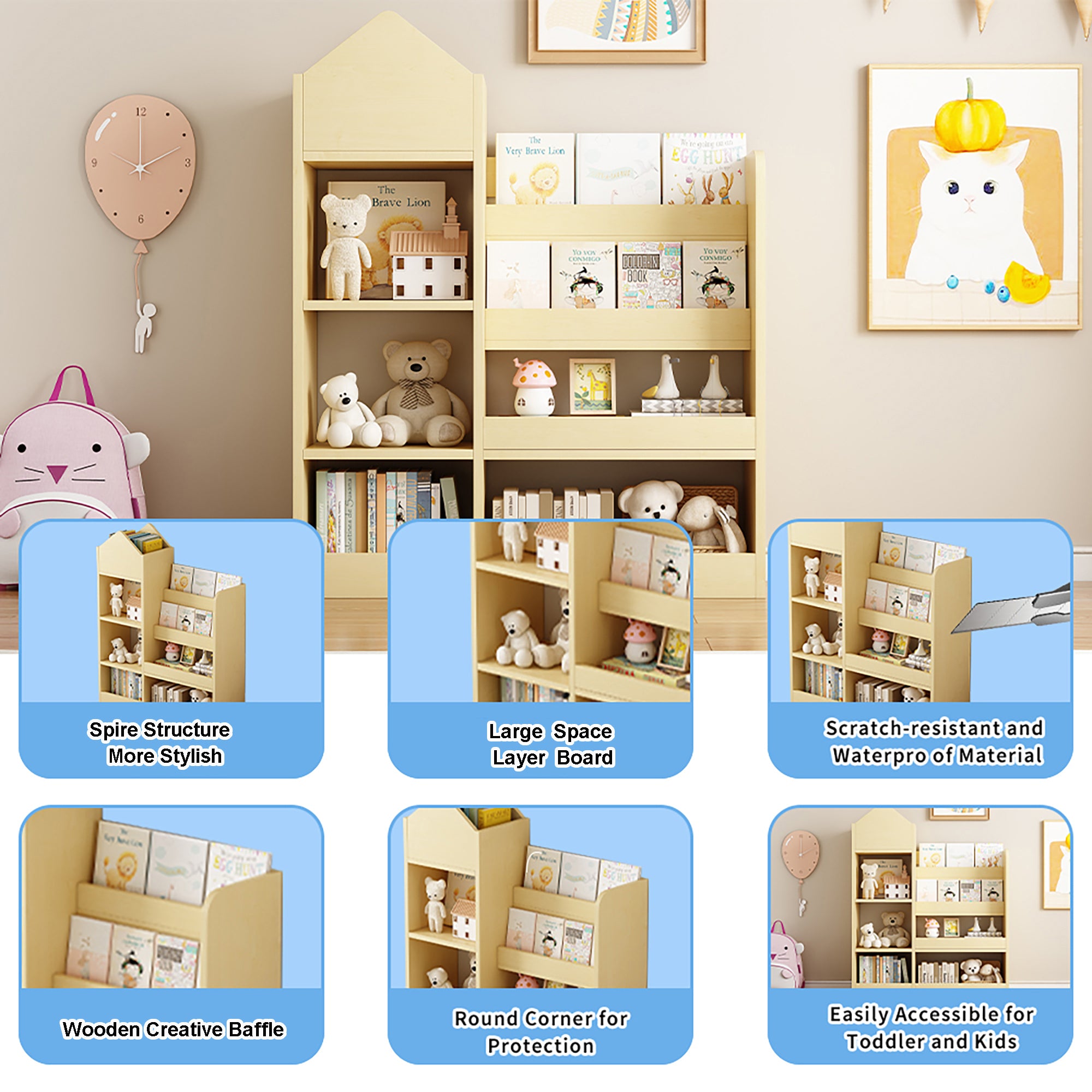 Wooden Kids Bookshelf & Toy Storage Organizer – 6-Compartment Kid’s Bin Storage Unit with 2 Basket Bins, Multi-Shelf Cubby for Books & Toys
