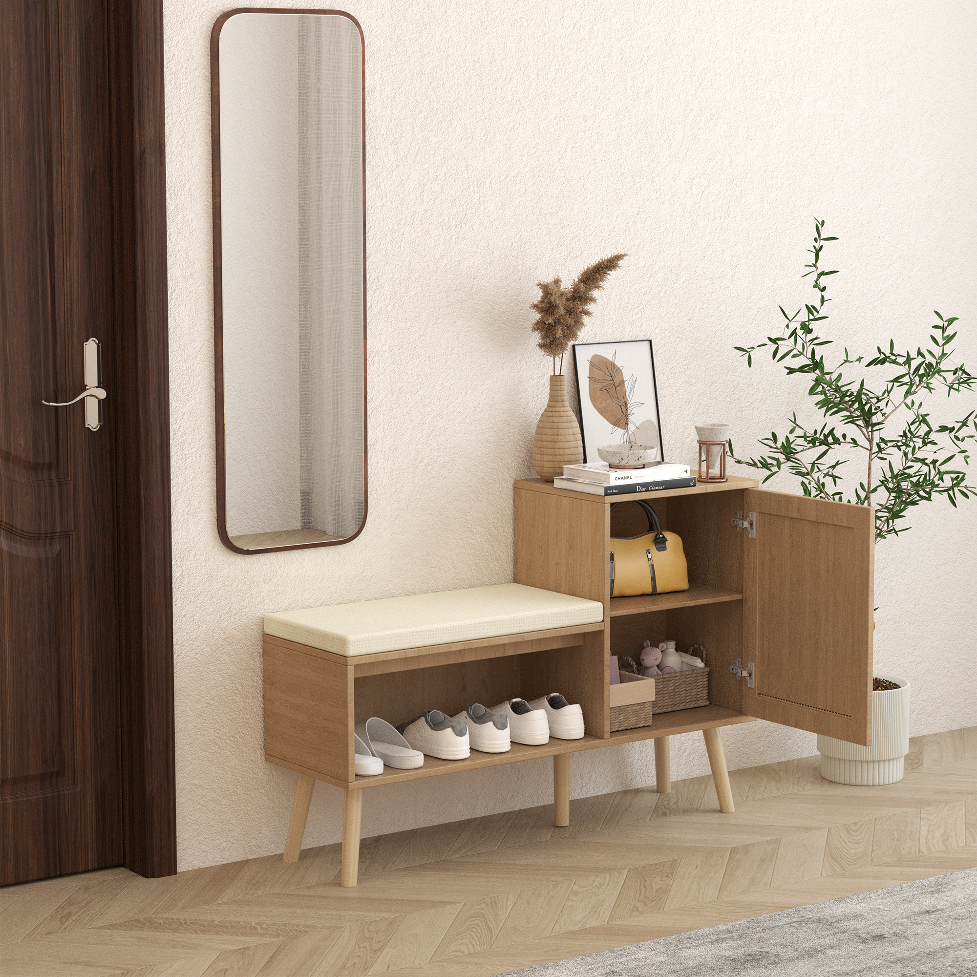 2-in-1 Shoe Storage Bench, Natural Rattan Shoe Cabinet with Adjustable Shelves & Removable Seat Cushion – Modern Entryway Bench, Shoe Storage Organizer for Hallway, Bedroom