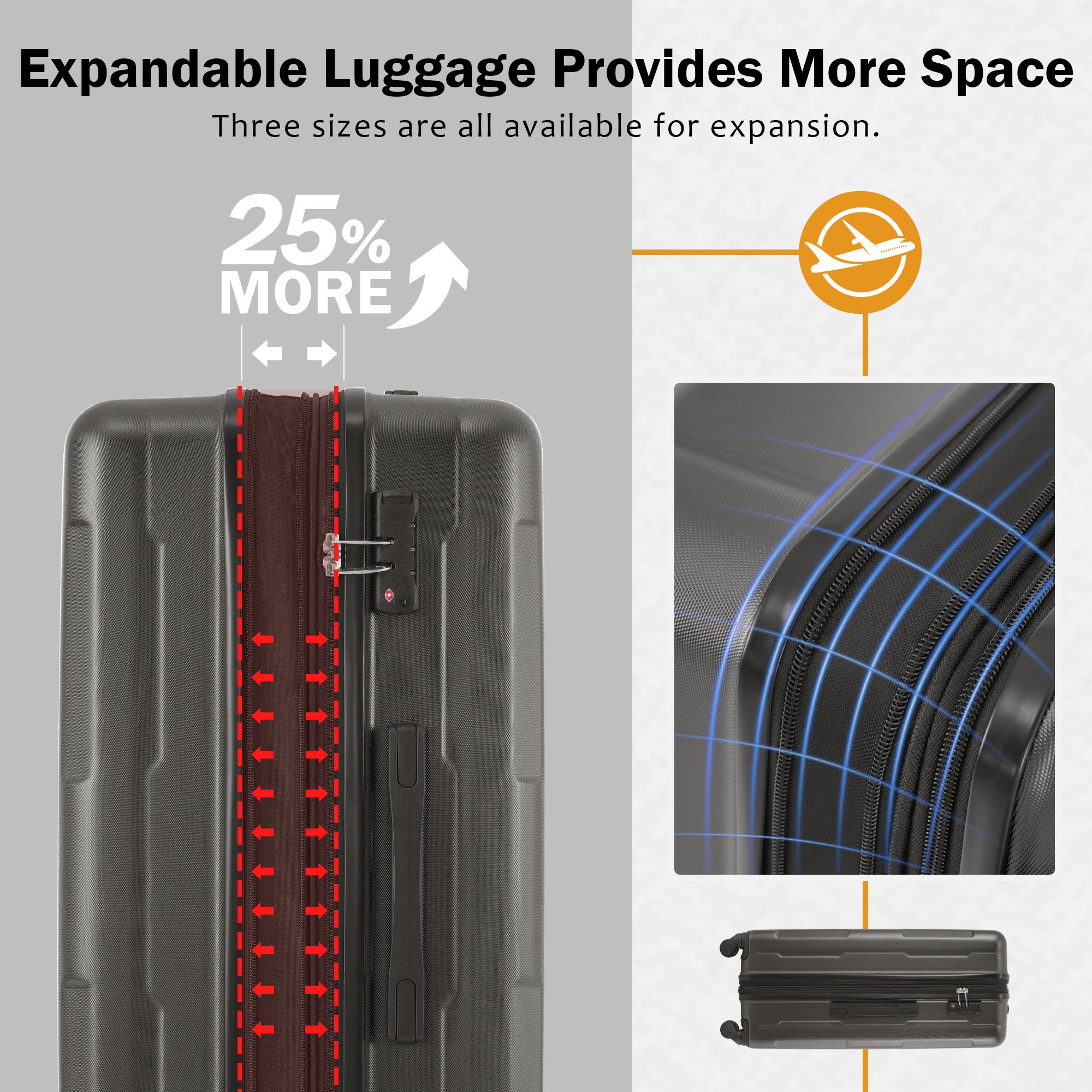 Expandable Spinner Wheels 2 Piece Luggage Set with Bags, ABS Lightweight Suitcase, TSA Lock, Dark Gray, 20inch+28inch