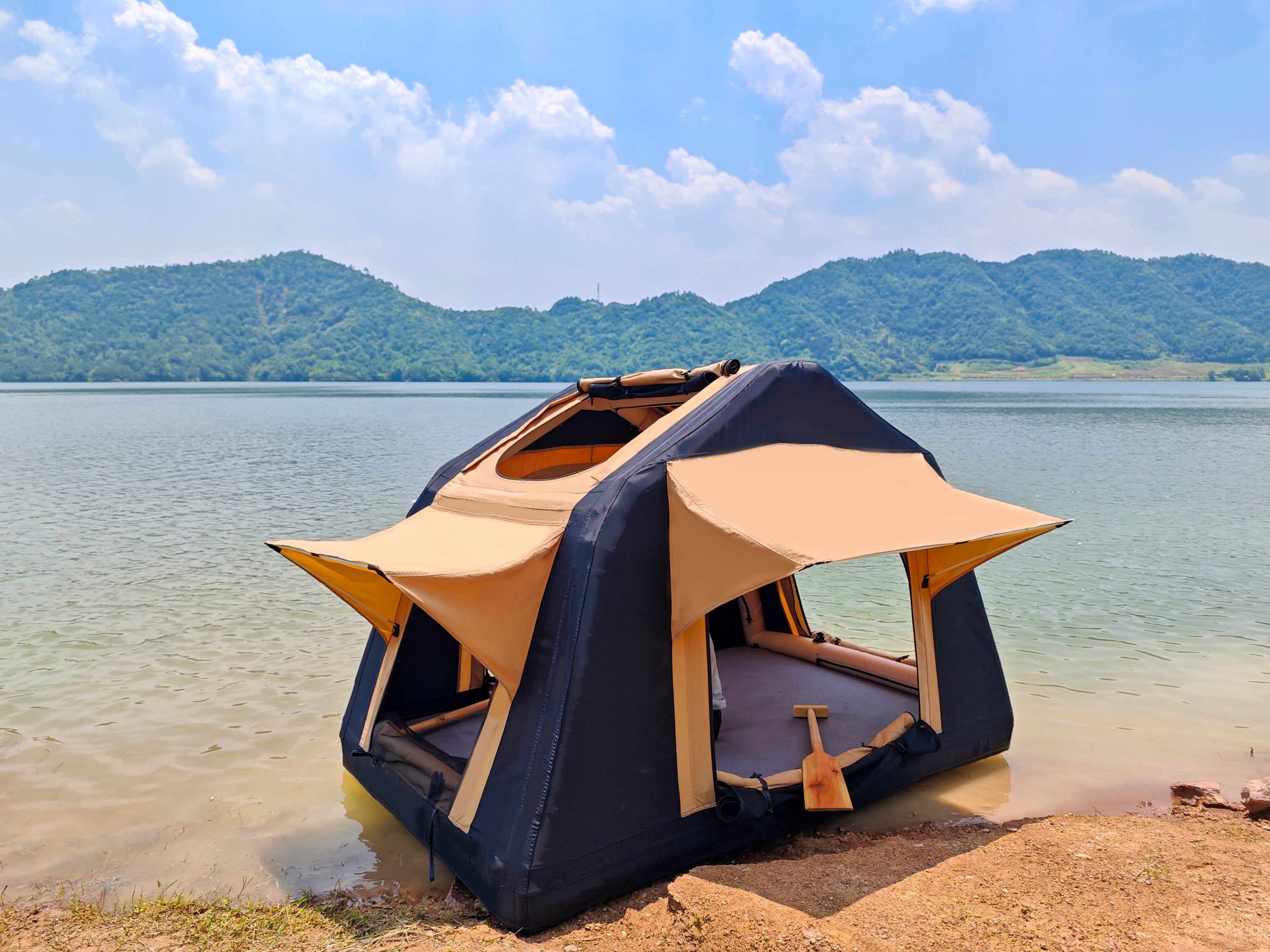 Foldable Amphibious Inflatable Roof Top Tent for 2-3 People – Two-Tone Khaki & Black, SUV & Truck Camping Tent (No Ladder)