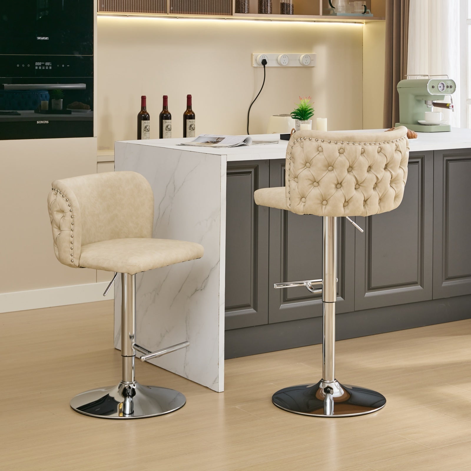 A&A Furniture,Swivel Barstools Adjusatble Seat Height With Chrome Base, Modern PU Upholstered Bar Stools with the whole Back Tufted, for Home Pub and Kitchen Island,Beige, Set of 2