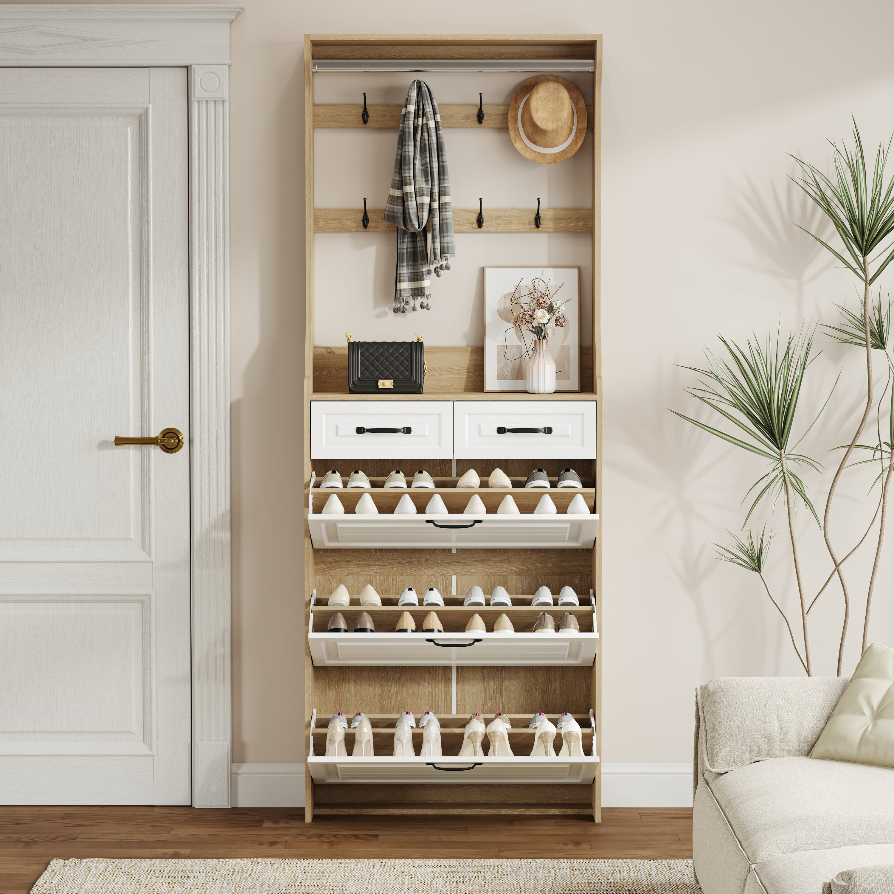 New Oak Color Shoe Cabinet with 3 Doors, 2 Drawers, and Hanger, Large Storage Space for Shoes and Accessories