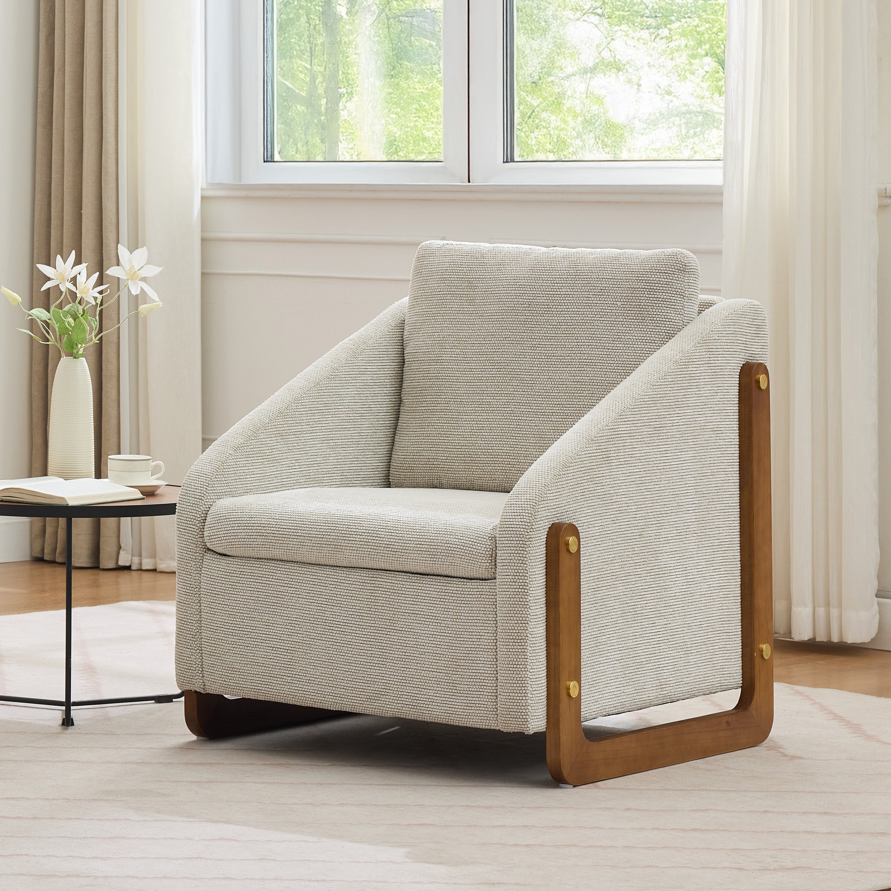 057-Set of 1 Chenille Fabric Modern Upholstered Armchair with Wooden Side Frame , Accent Leisure Chair with Cushioned Seat and Backrest for Living Room, Bedroom,Beige