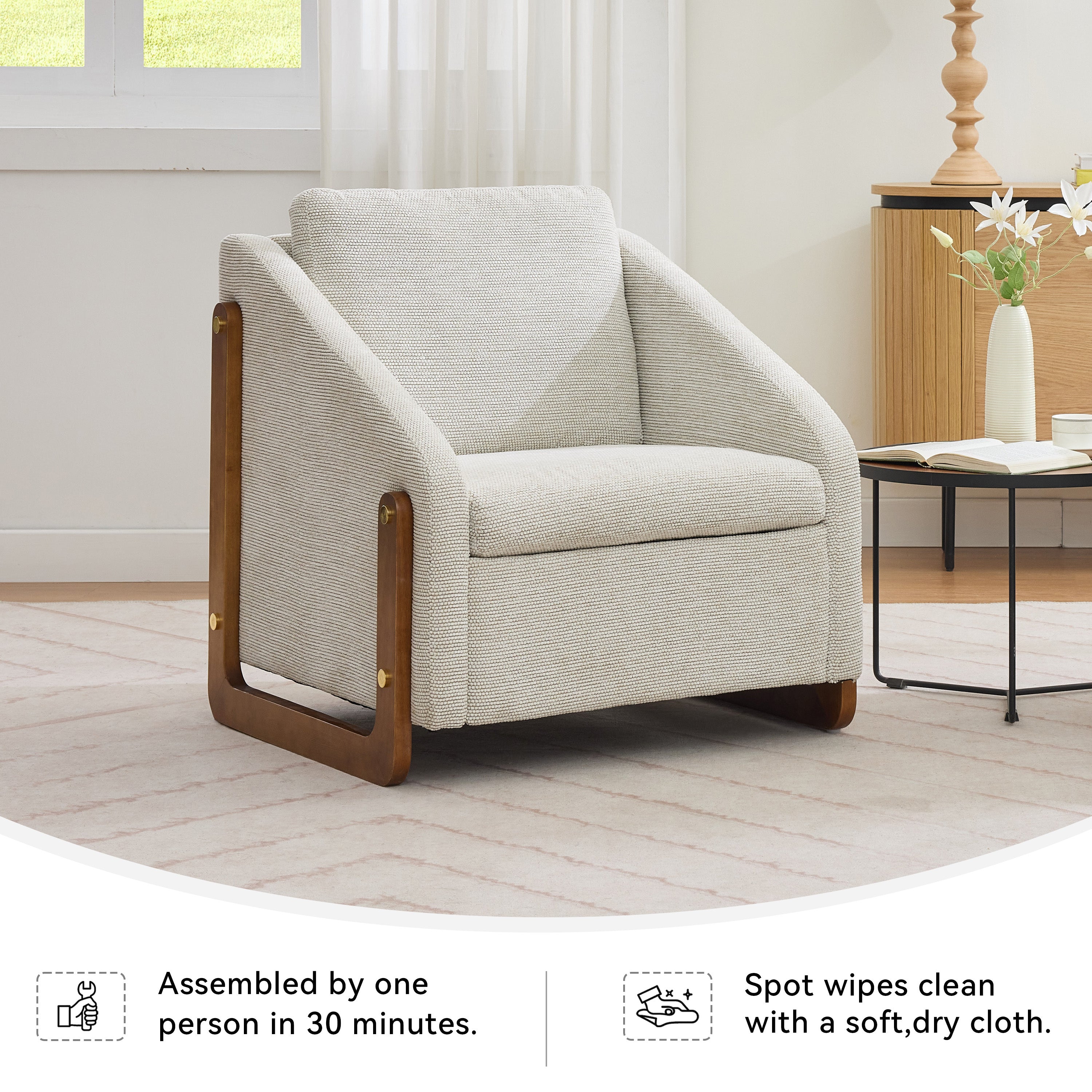 057-Set of 1 Chenille Fabric Modern Upholstered Armchair with Wooden Side Frame , Accent Leisure Chair with Cushioned Seat and Backrest for Living Room, Bedroom,Beige